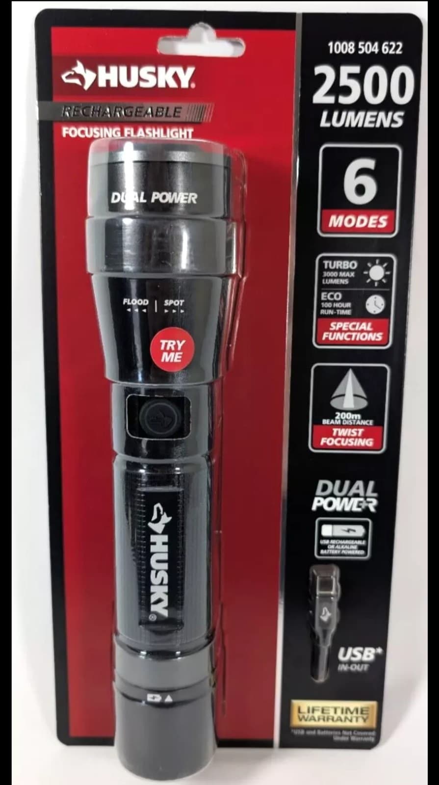 Husky Flashlight Duel Power Rechargeable 6 Modes 2500 Lumens - Image 1