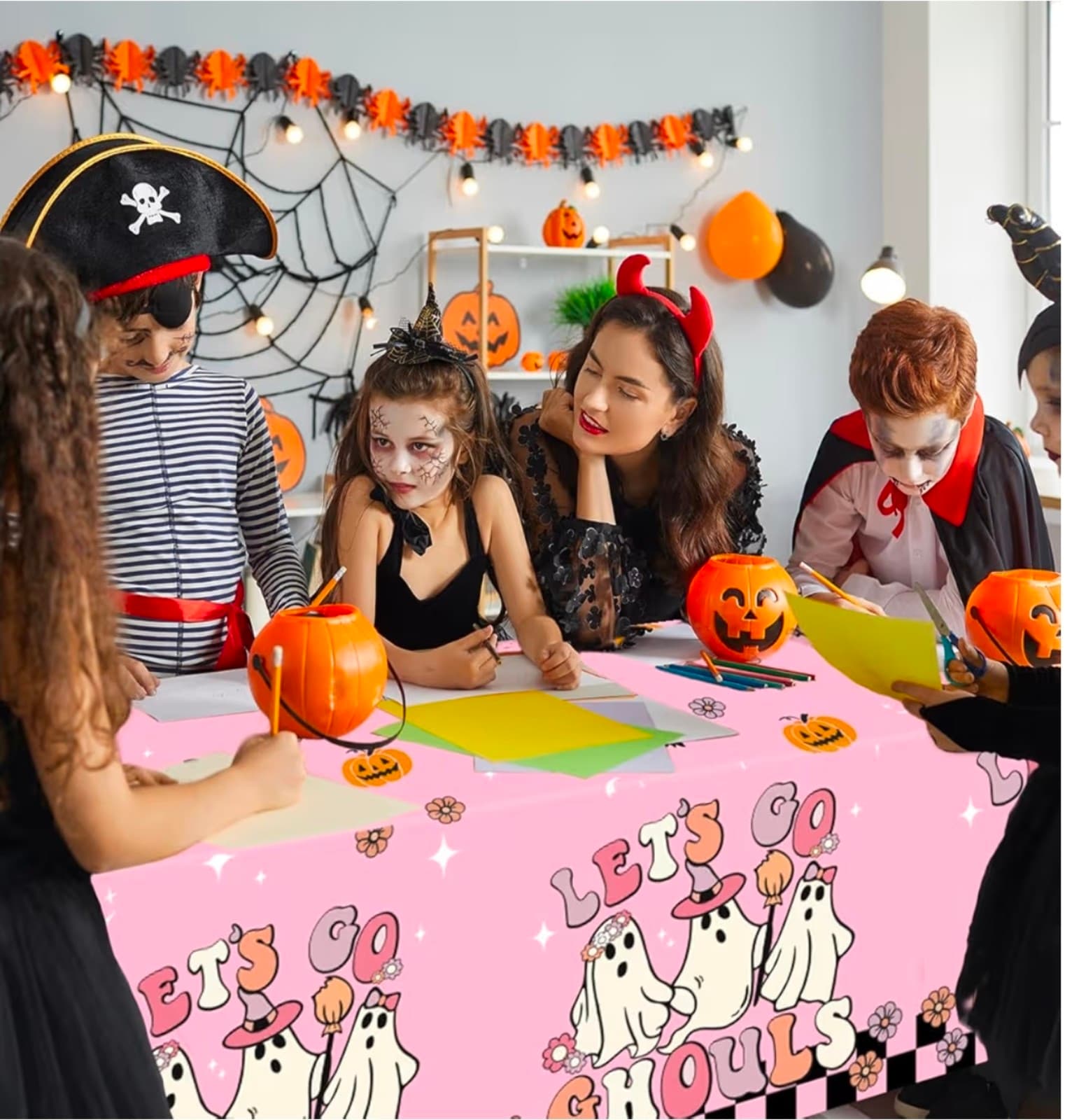 Pink Halloween Decorations Cute Ghost Tablecloth - Thumbnail 2