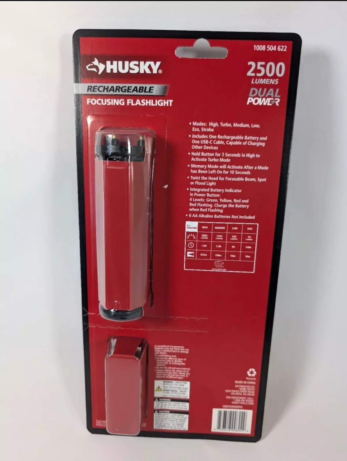 Husky Flashlight Duel Power Rechargeable 6 Modes 2500 Lumens - Thumbnail 2