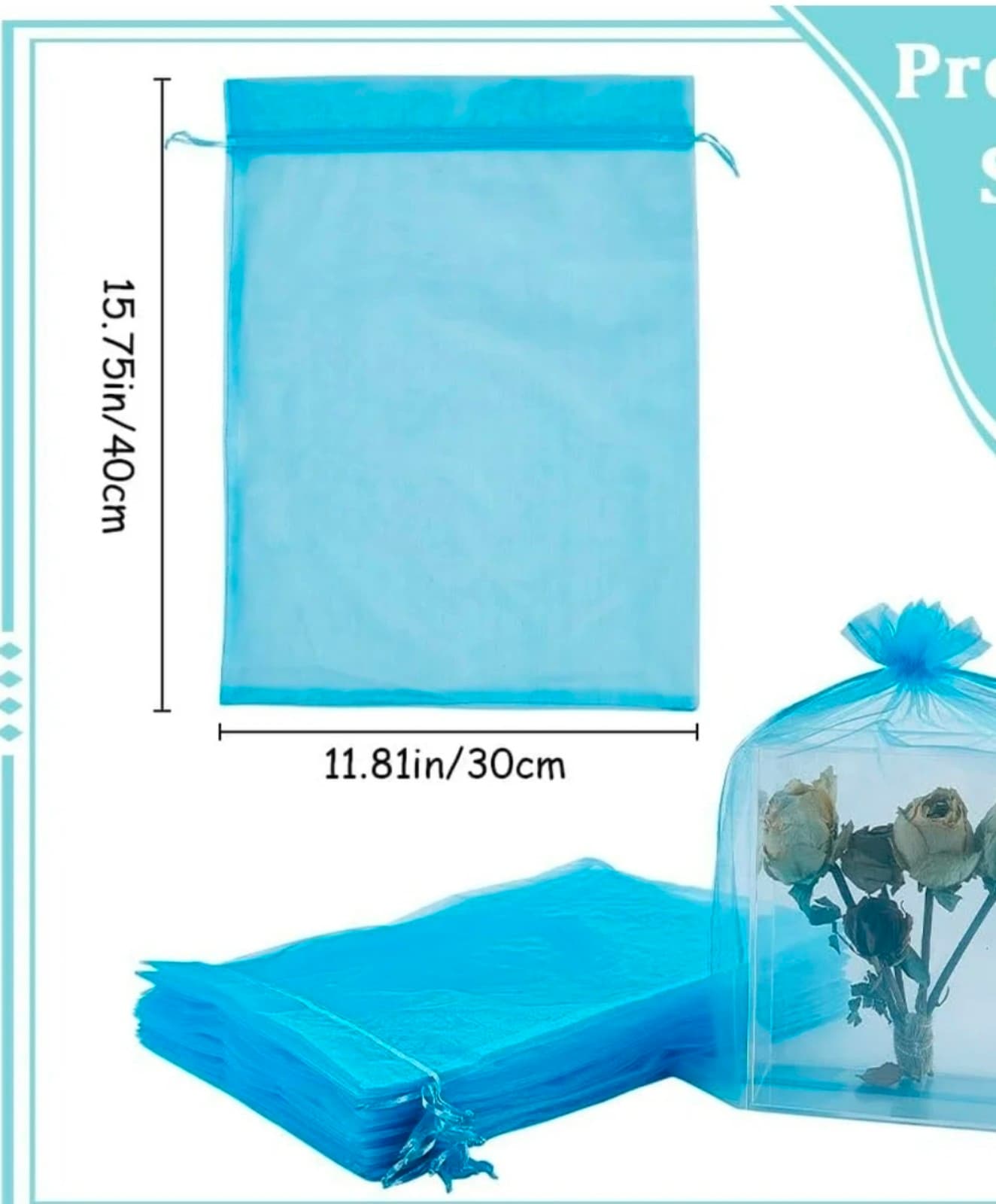 Organza Gift Bag Big Deep Sky Blue 50pcs 12" x 16" - Thumbnail 2