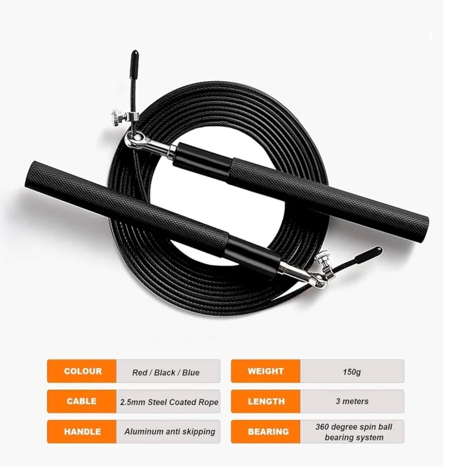 Speed Jump Rope - 360° Swivel Ball Bearing - Adjustable steel coated rope-Alumin - Thumbnail 3