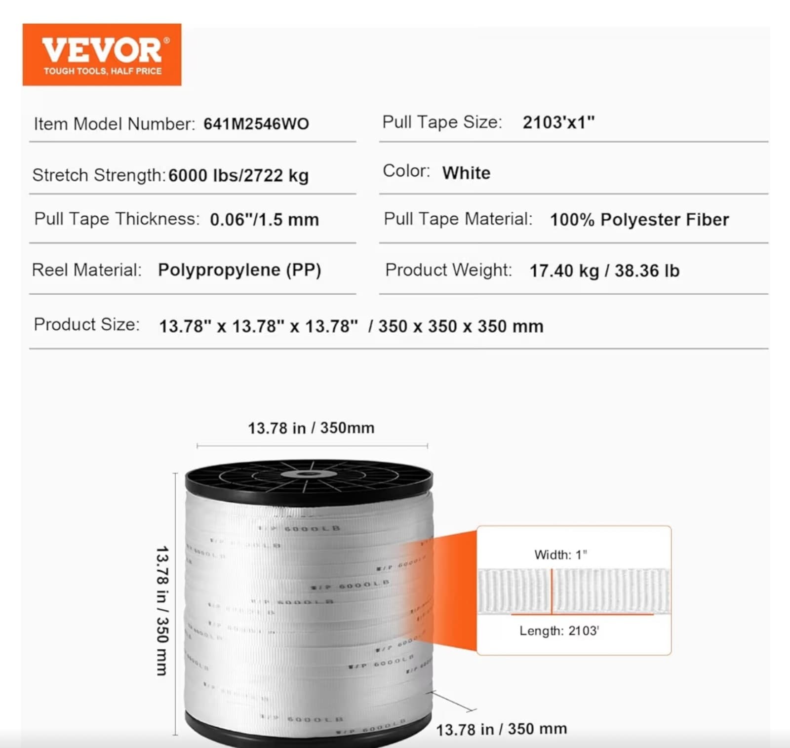 VEVOR Pull Tape 1" x 2103' Extended Reel Professional Flat Rope 6000 lbs Tensile - Thumbnail 7