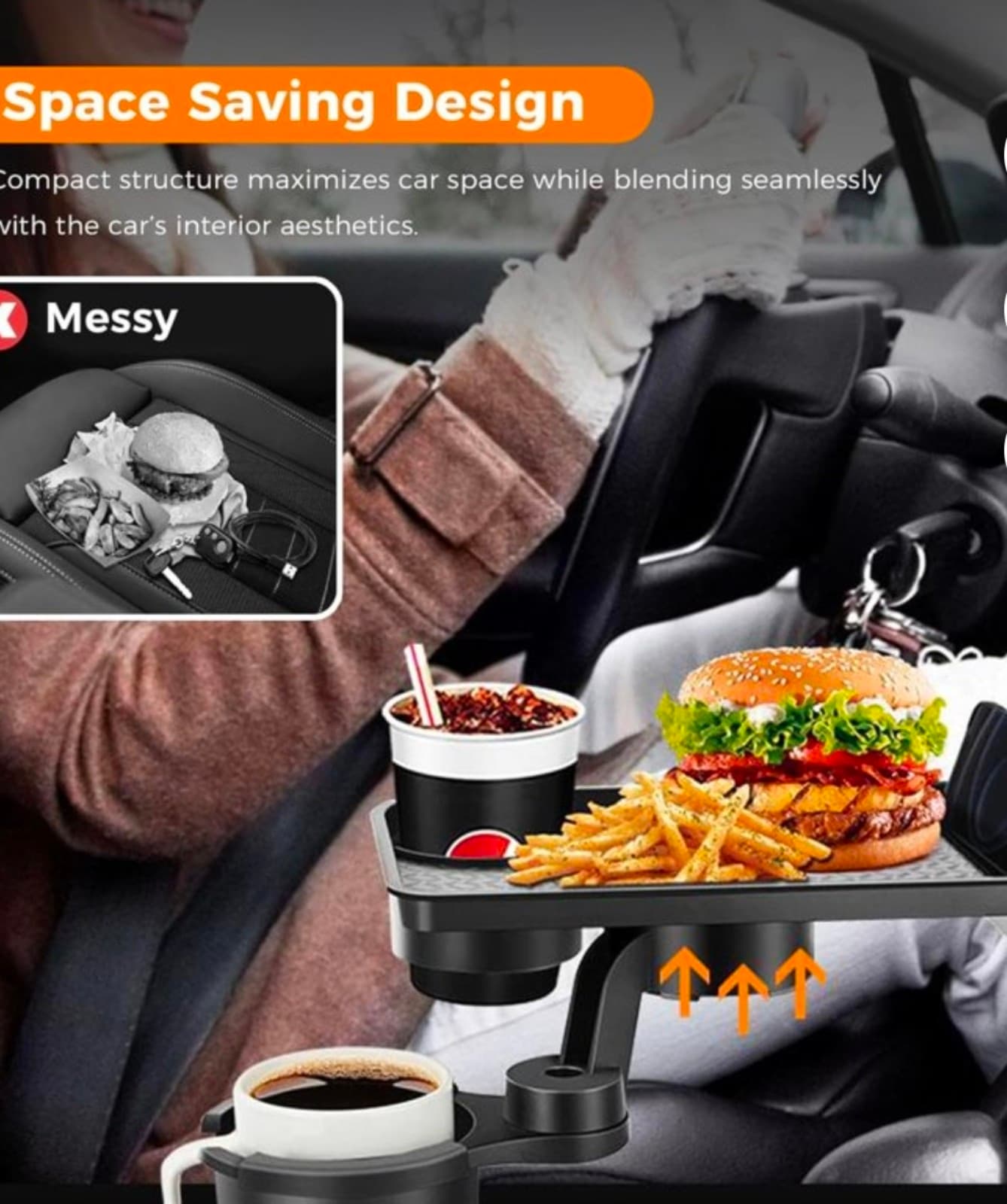 Car Cupholder Tray 3-in-1 Car Cup Holder Tray, 10.24" Car Trays Organizer with D - Thumbnail 2