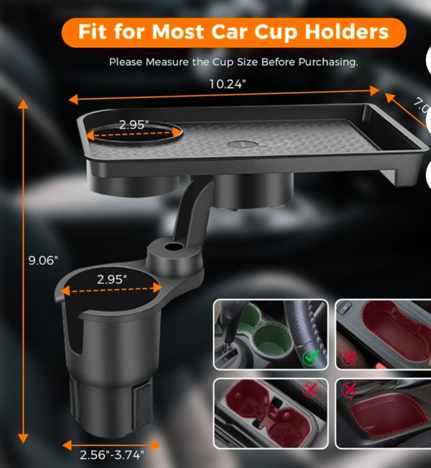 Car Cupholder Tray 3-in-1 Car Cup Holder Tray, 10.24" Car Trays Organizer with D - Thumbnail 4