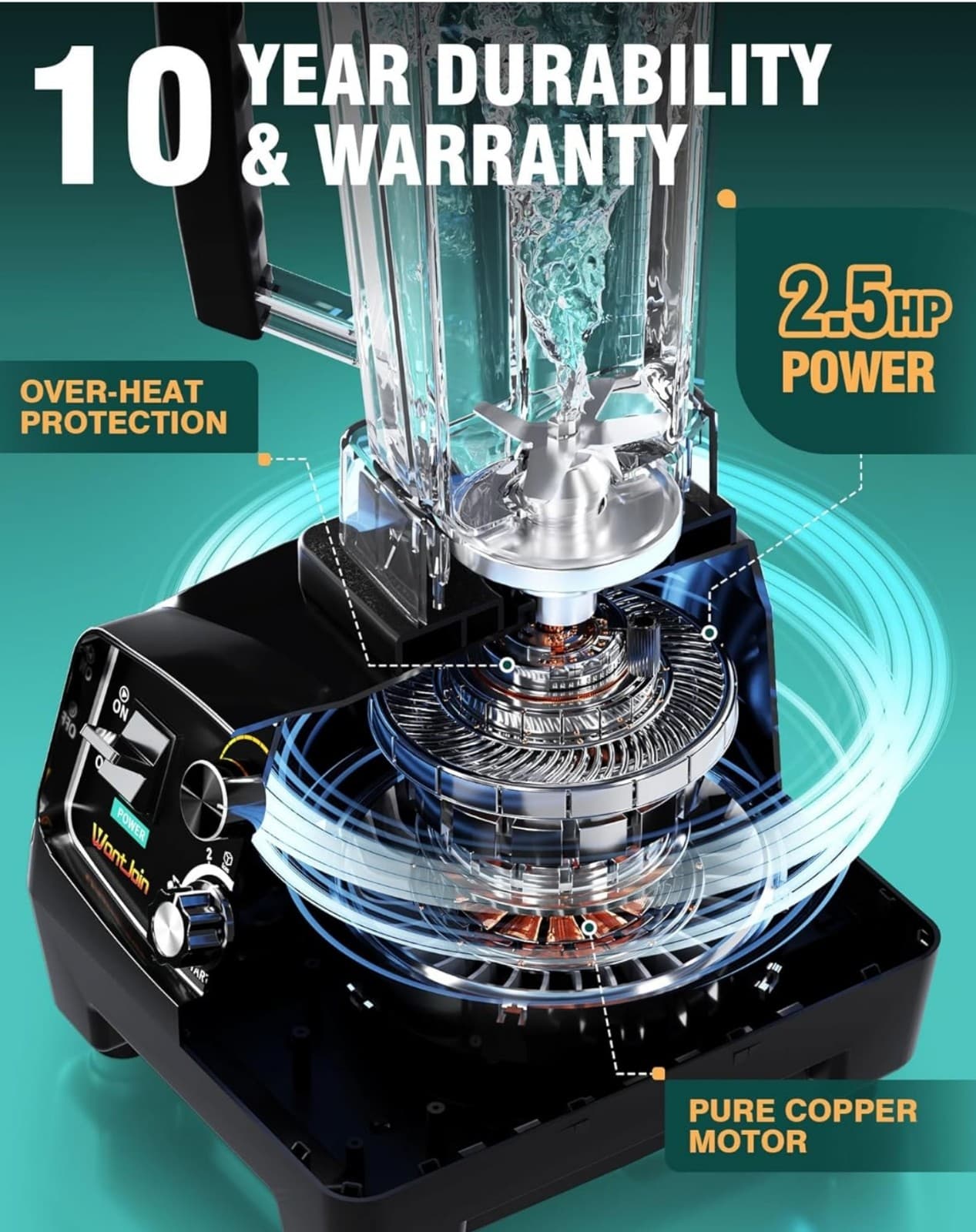 WantJoin Professional Blender, ETL listed 68oz Commercial Blender for kitchen - Thumbnail 3