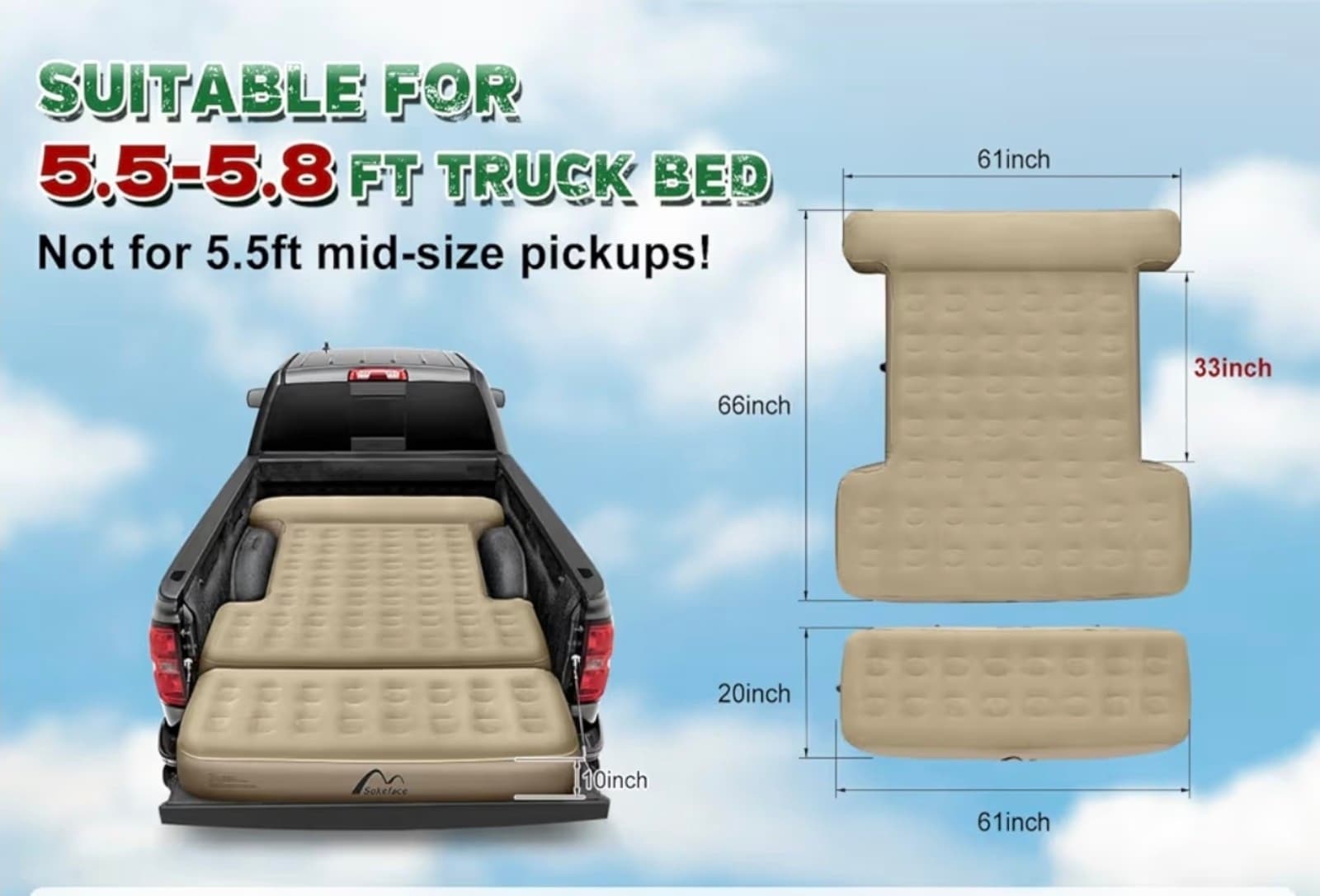 Detachable Tailgate Extendable 5.5-5.8ft Truck Bed Air Mattress - Heavy-Duty Inf - Thumbnail 2