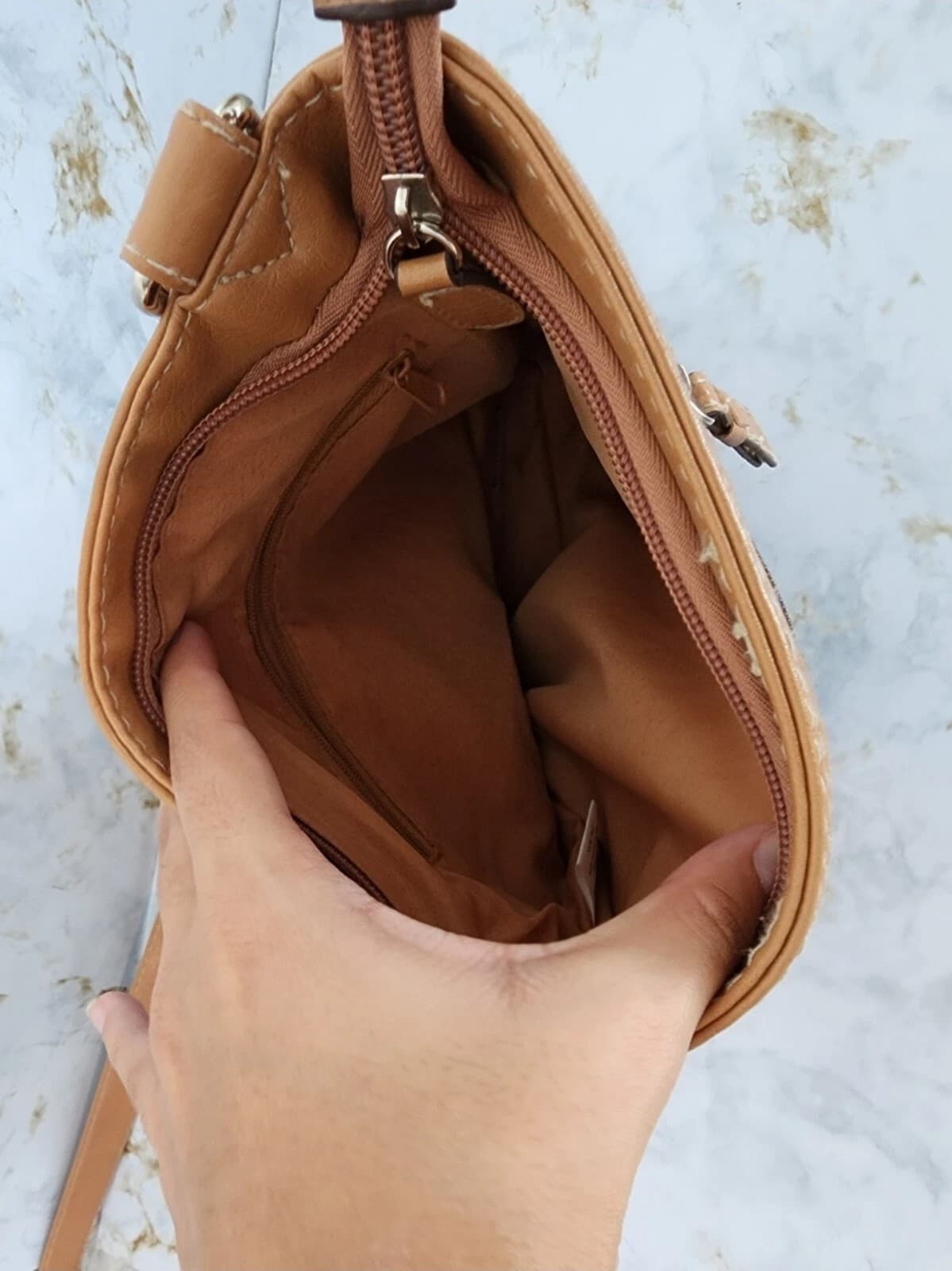 George Crossbody Shoulder Purse Bag Tan And Brown Faux Leather - Thumbnail 6