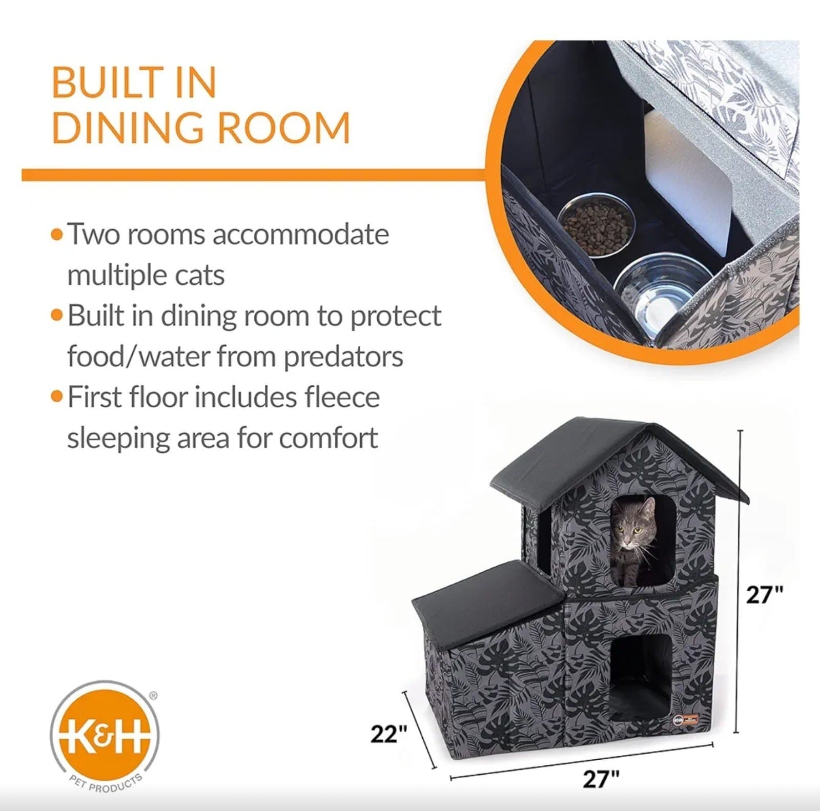 Heated Two-Story Outdoor Kitty House with Dining Room Green Leaf 22 X 27 X 27 In - Thumbnail 2