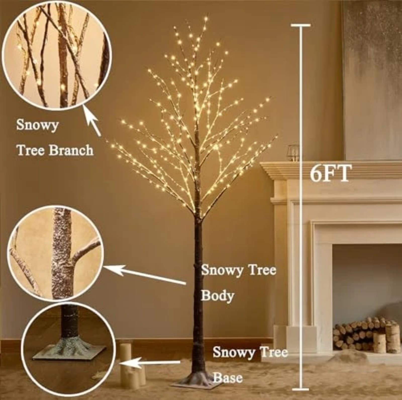 Lighted Snow Flocked Twig Tree with Fairy Lights 6FT 330 LED 6FT Snowy Tree - Thumbnail 3
