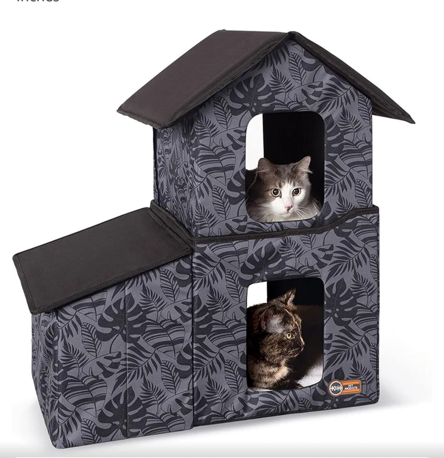 Heated Two-Story Outdoor Kitty House with Dining Room Green Leaf 22 X 27 X 27 In - Image 1