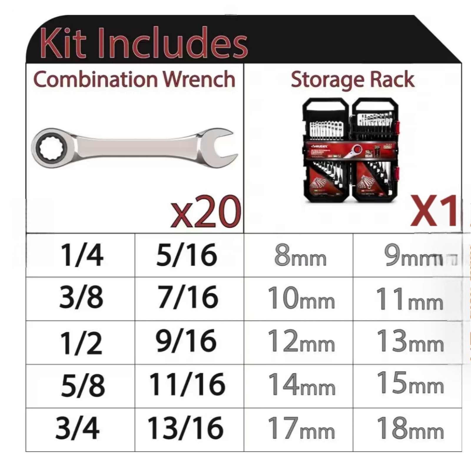 Husky 20pc Ratcheting SAE/MM Combination Wrench Set - Thumbnail 2