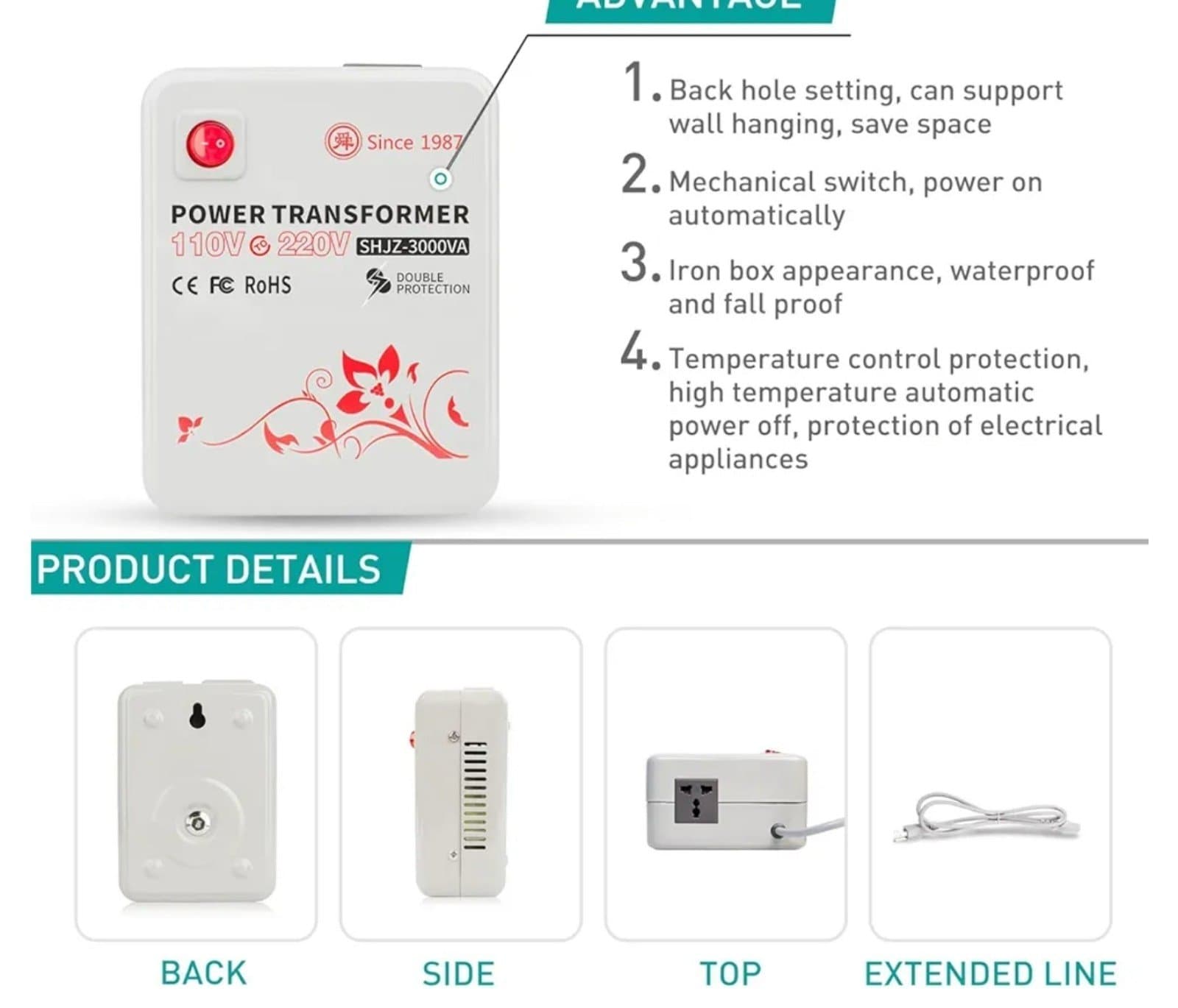 Step Up Voltage 110v to 220v Converter Heavy Duty Voltage Transformer with Temp - Thumbnail 4