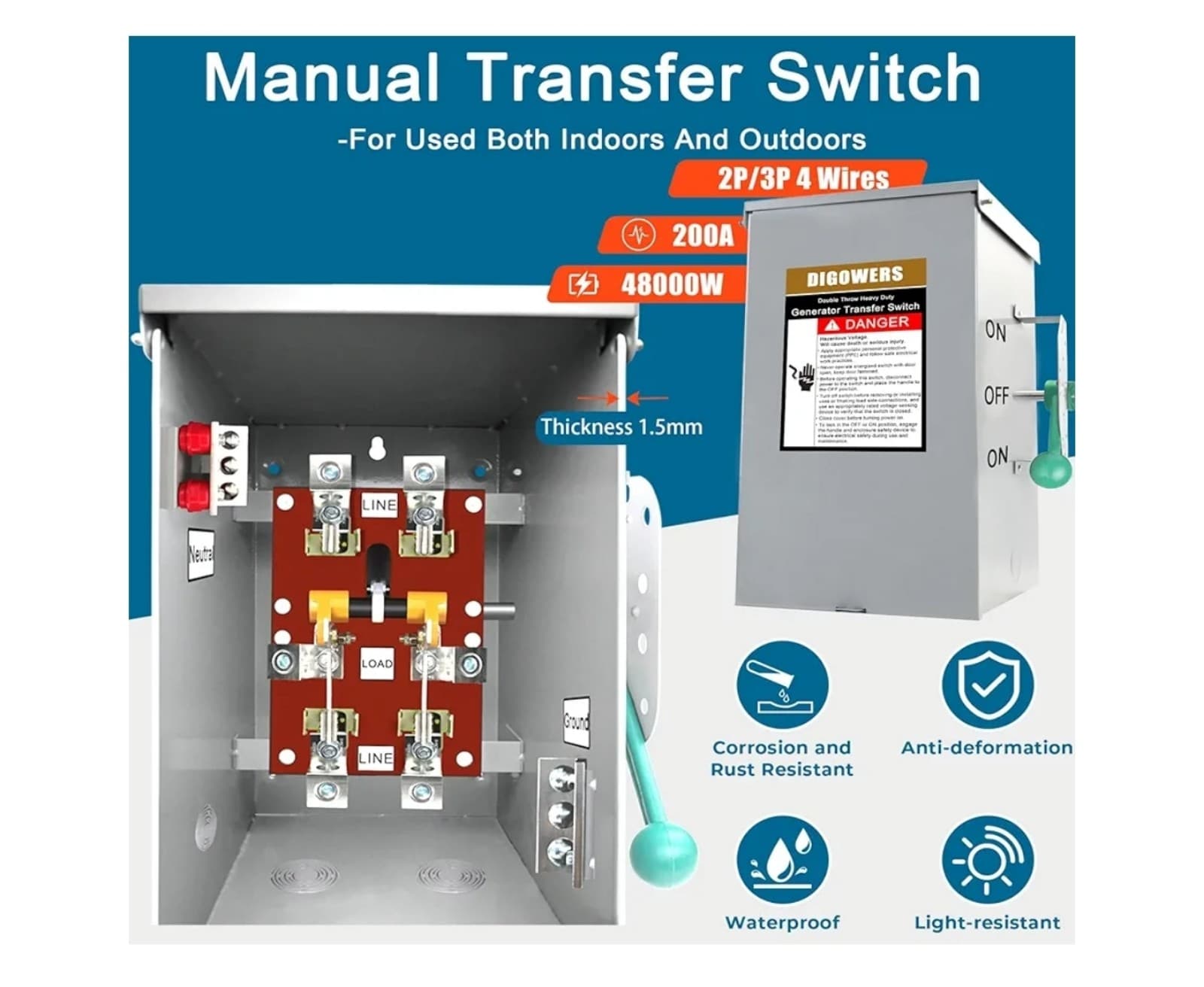 Generator Transfer Switch 200 Amp 2 Pole 4 Wires, 120/240-Volt 48000Watts - Thumbnail 2