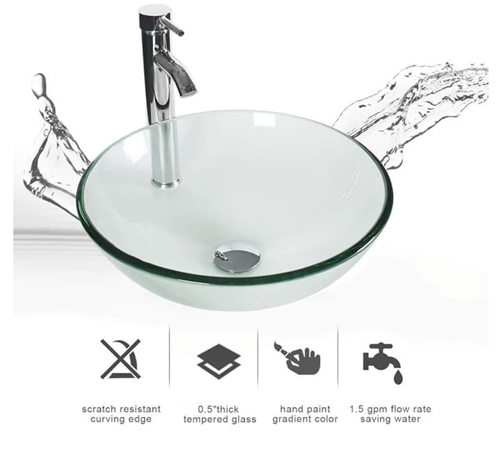 Bathroom Sink Modern Clear Round Tempered Glass Basin - Thumbnail 2