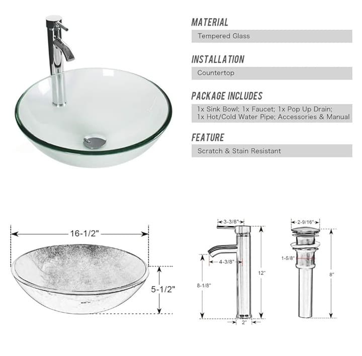 Bathroom Sink Modern Clear Round Tempered Glass Basin - Thumbnail 3