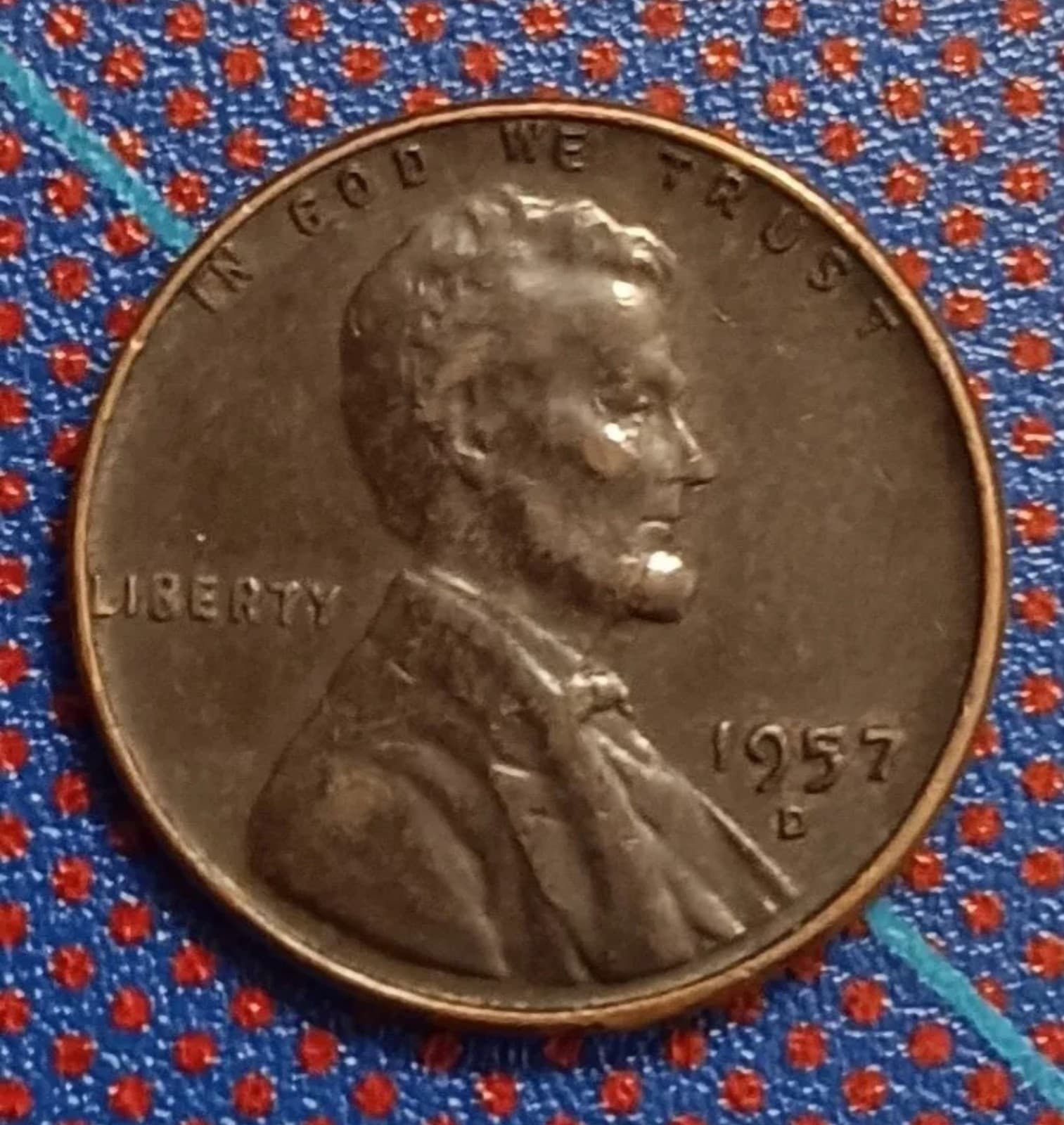 1957 D Lincoln Wheat Penny D mint, One Cent Coin beautiful dark brown rare color - Image 1