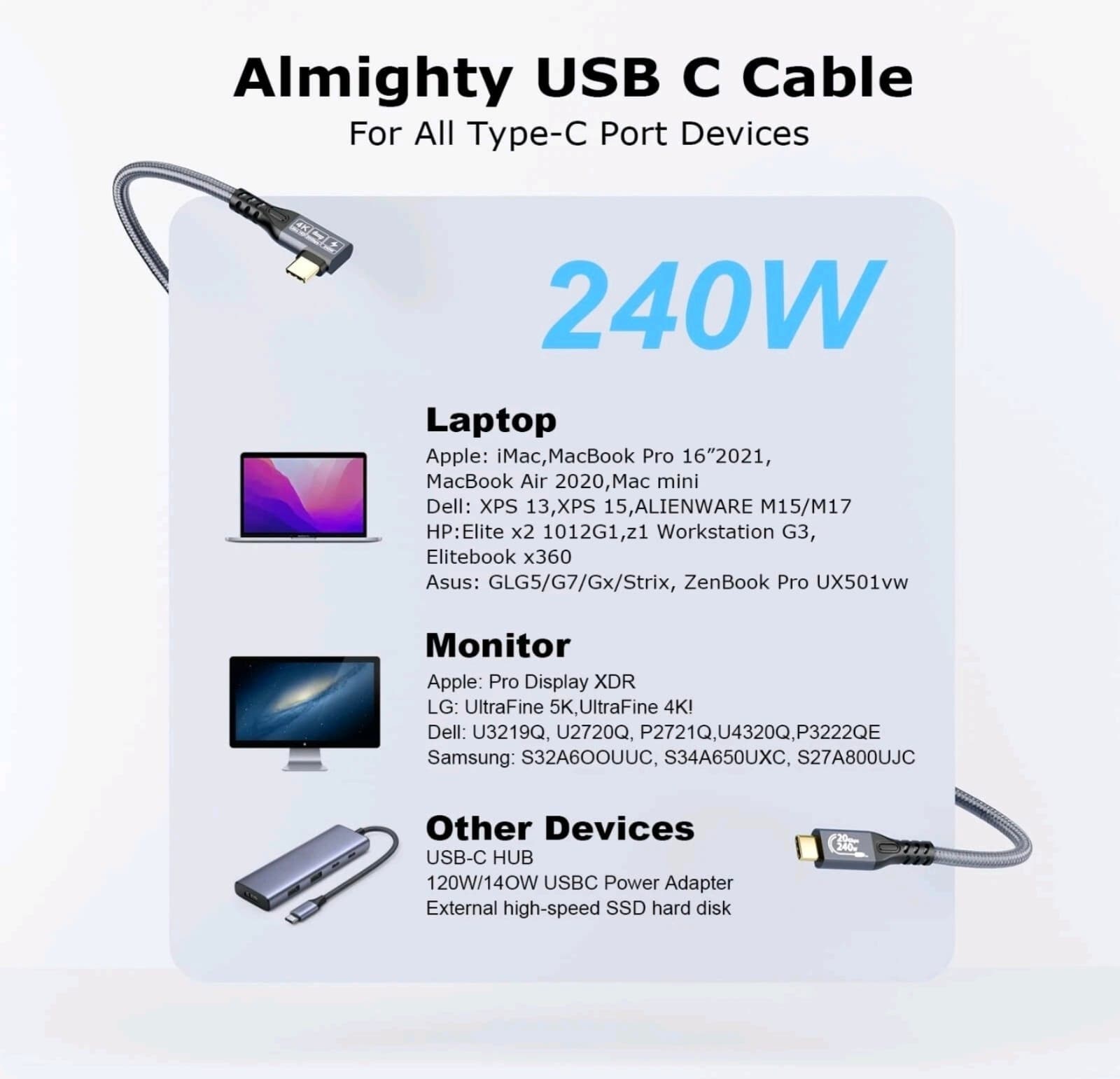 USB C 3.2 Gen2x2 Cable 90 Degree 20Gbps 240W 4K@60Hz UHD Video 0.5M Cord - Thumbnail 7