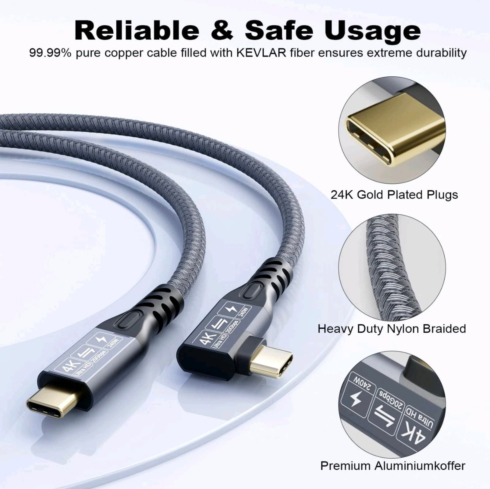 USB C 3.2 Gen2x2 Cable 90 Degree 20Gbps 240W 4K@60Hz UHD Video 0.5M Cord - Thumbnail 6