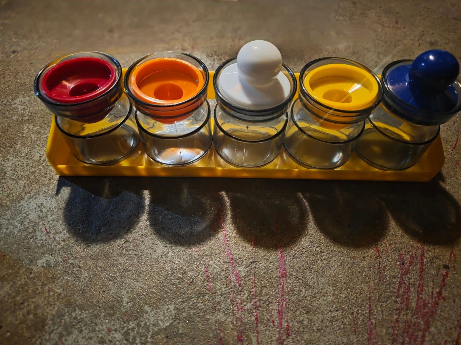 Vintage Multi Primary Color Plastic Storage Spice Jars Yellow Rack 4” Tall - Thumbnail 2