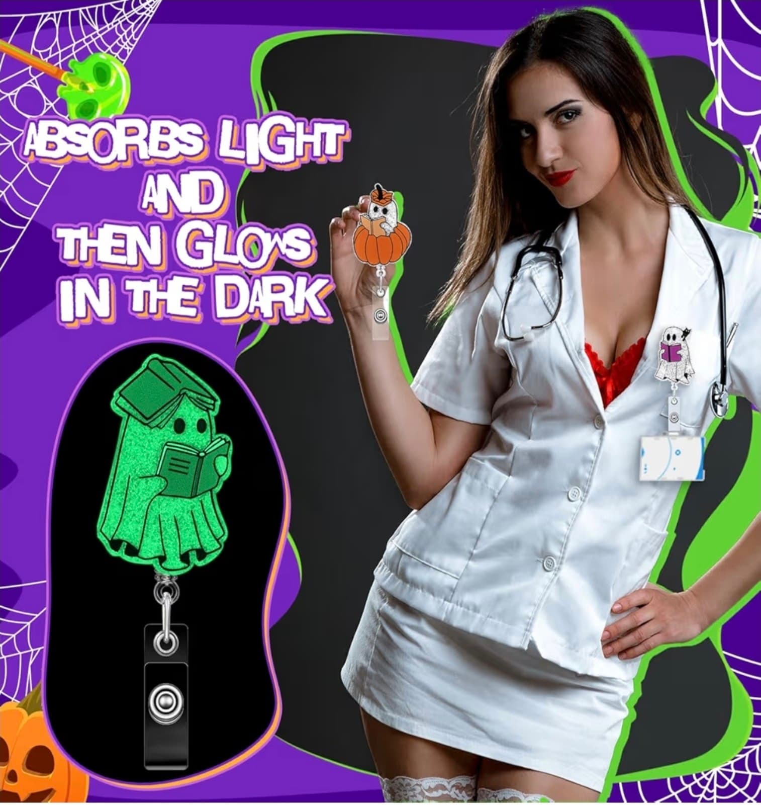 Halloween Badge Reels Bookish Ghost Glow in The Dark Funny Reading Spooky Badge - Thumbnail 4