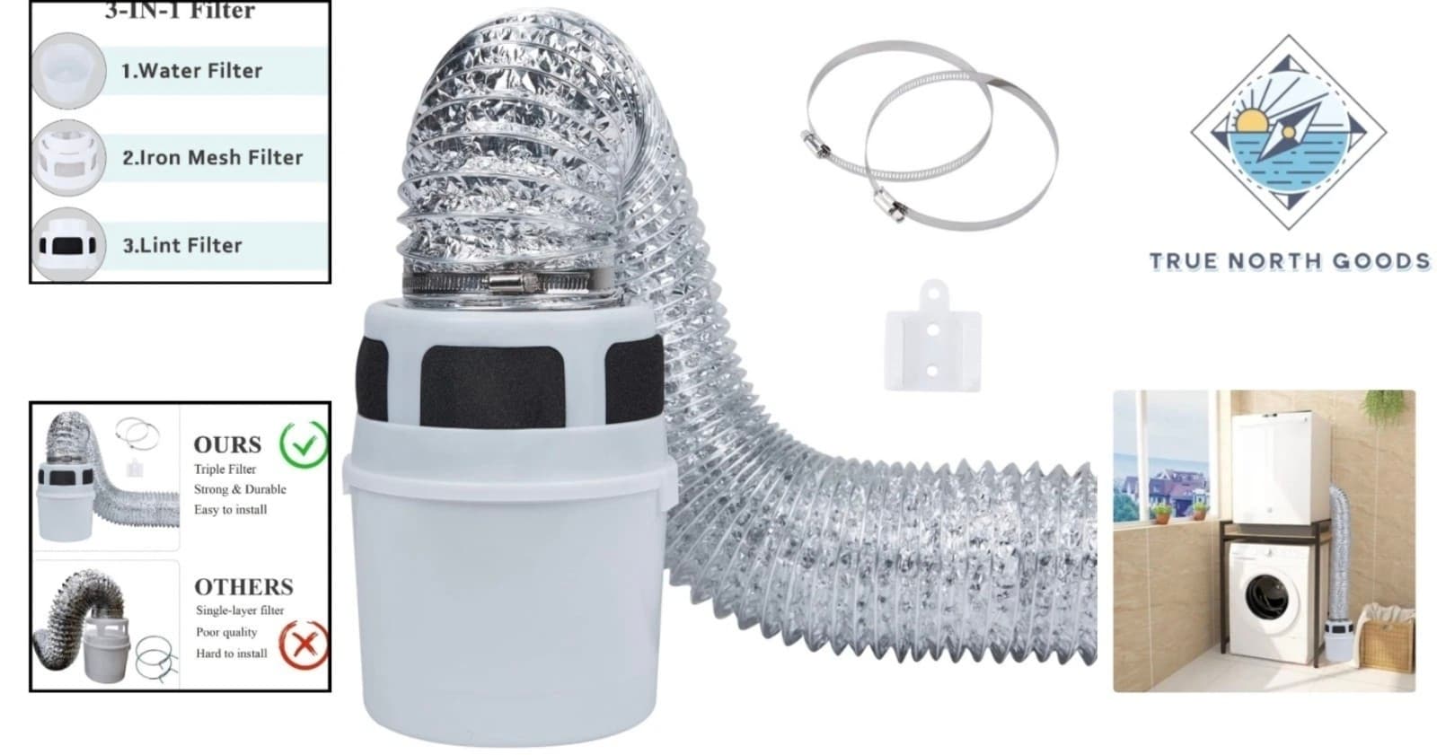 3-In-1 Indoor Dryer Vent Kit with 5ft Proflex Duct - Safety & Performance - Thumbnail 2