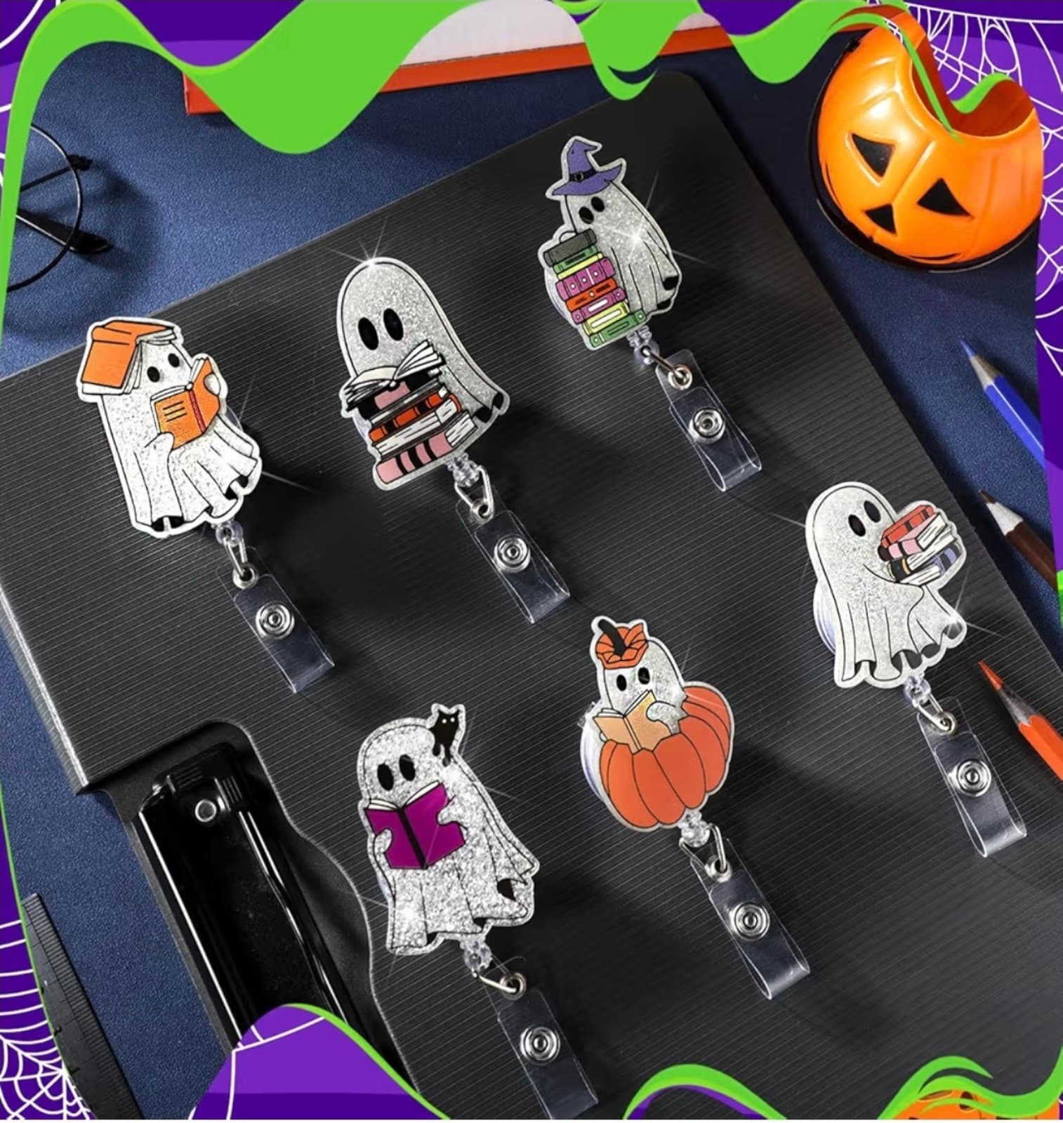 Halloween Badge Reels Bookish Ghost Glow in The Dark Funny Reading Spooky Badge - Thumbnail 2
