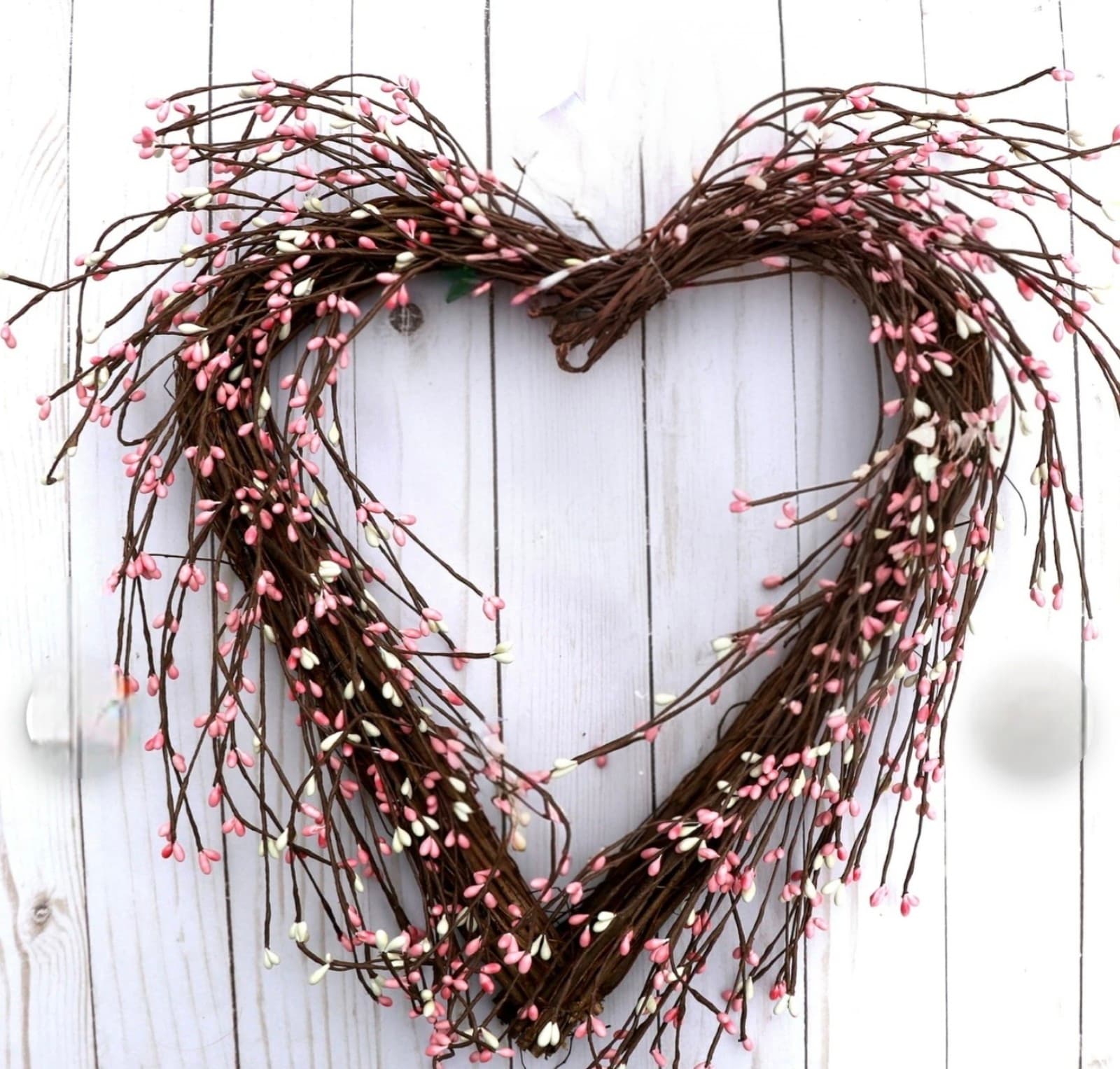Heart Wreath for front door, Pink and White Wreath, Bridal shower decorations, W - Image 1