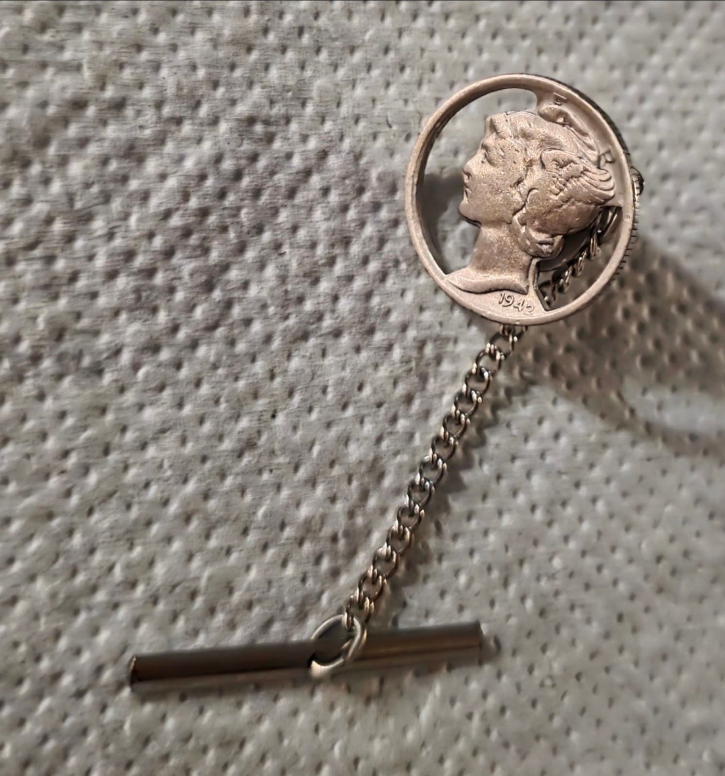 Vintage 1942 Mercury Dime Sterling Silver Tie Tack 1940s World War II Era Coin - Image 1