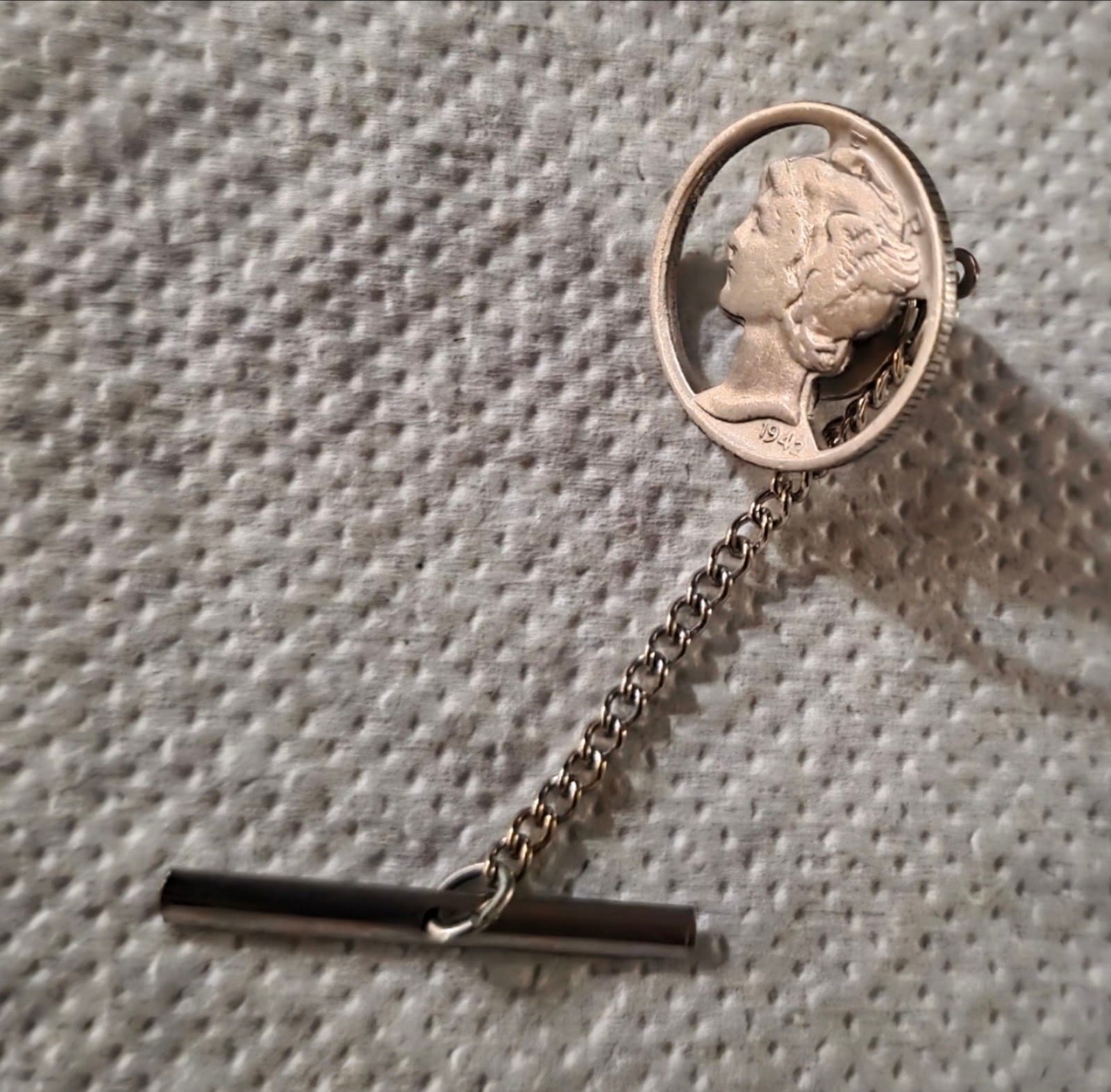 Vintage 1942 Mercury Dime Sterling Silver Tie Tack 1940s World War II Era Coin - Thumbnail 4