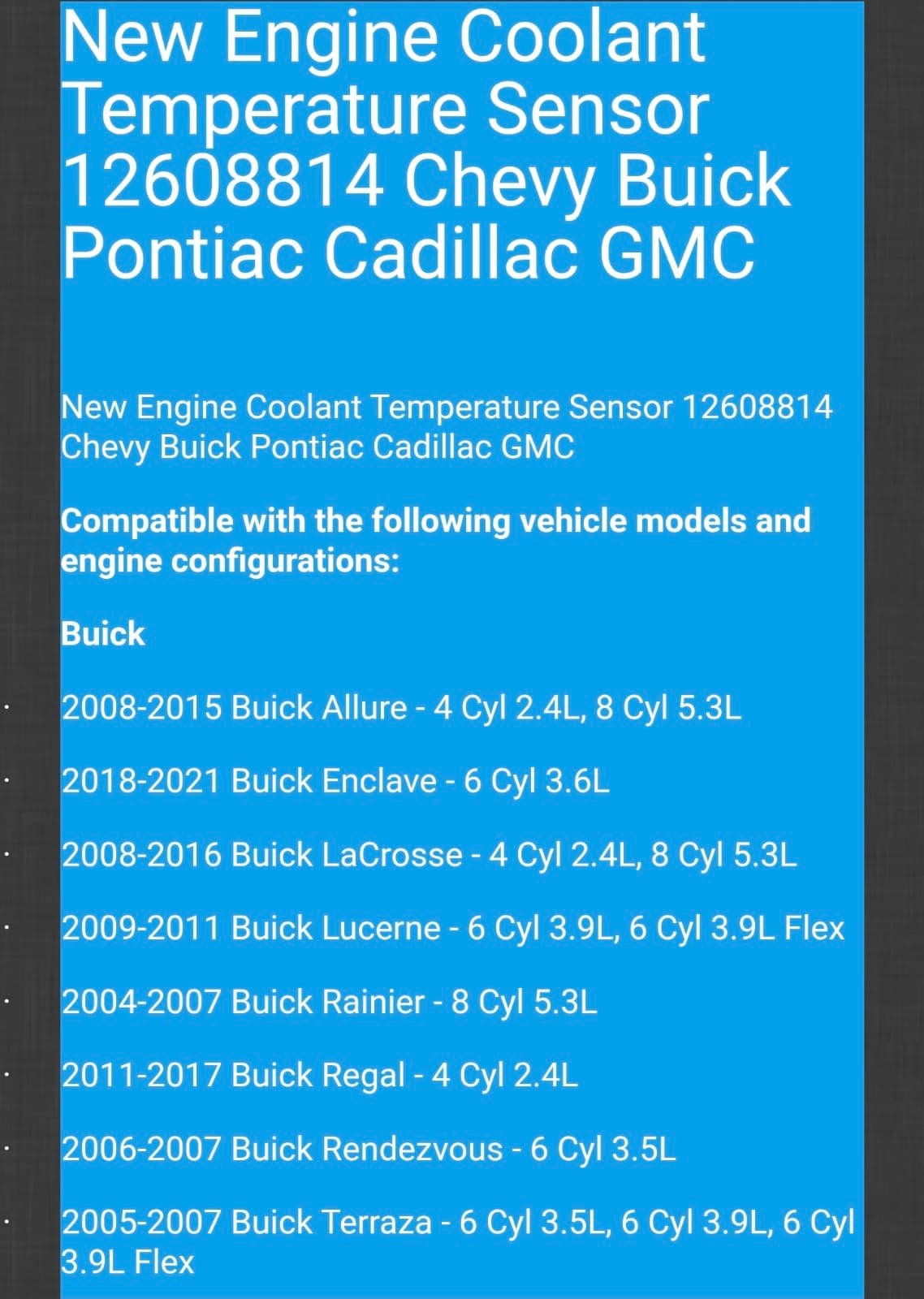 New Engine Coolant Temperature Sensor 12608814 Chevy Buick Pontiac Cadillac GMC - Thumbnail 2