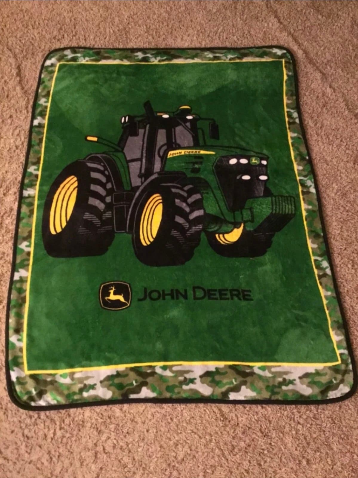 Vintage John Deere Fleece Throw Blanket Tractor Green Camouflage 60” X 46” - Image 1