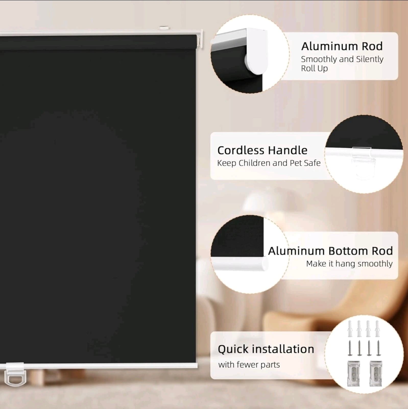 Cordless Free 100% Blackout Blind Roller Window Shade Black 52W x 72H - Thumbnail 6