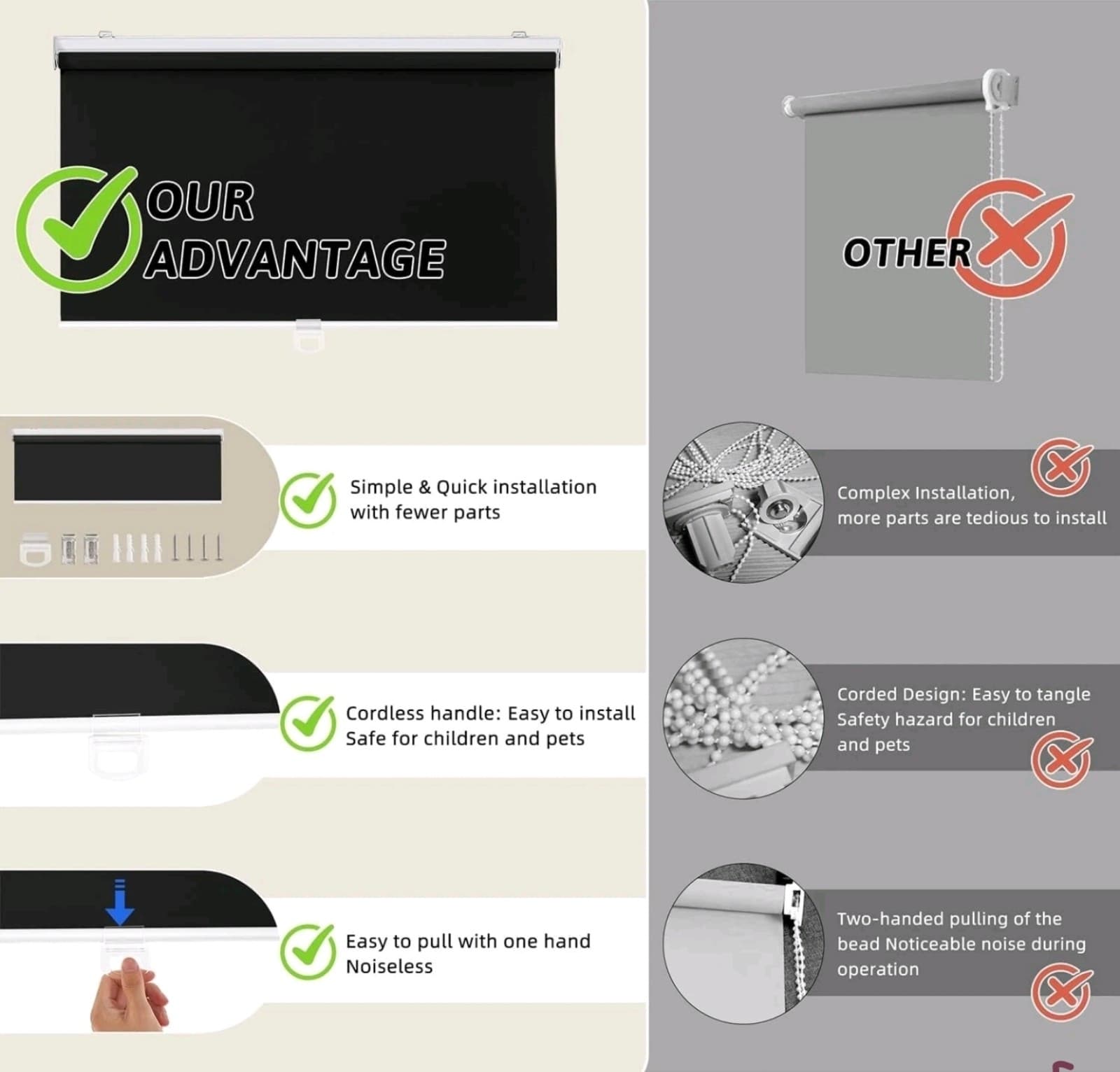 Cordless Free 100% Blackout Blind Roller Window Shade Black 52W x 72H - Thumbnail 4