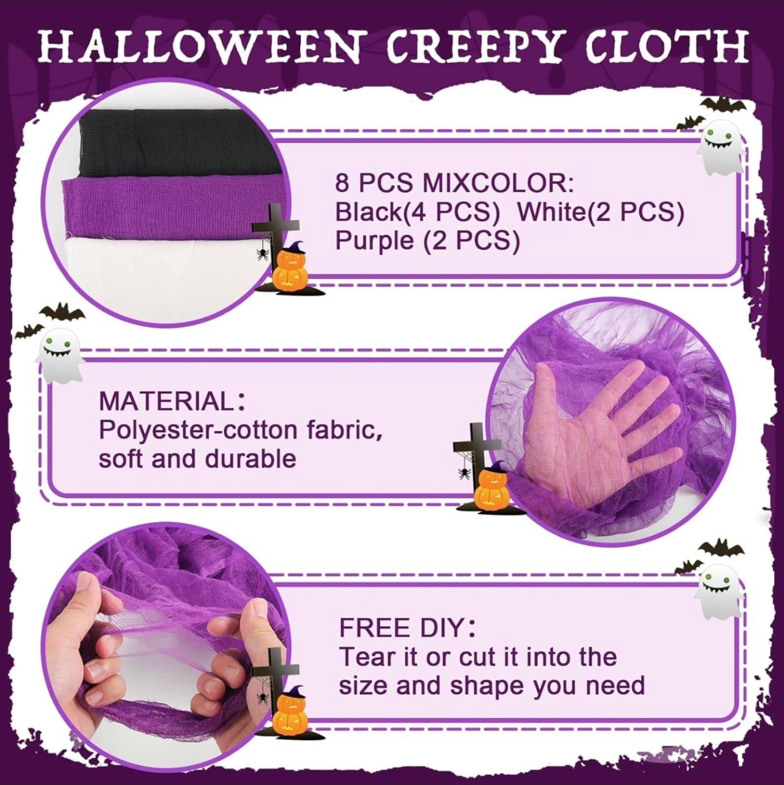 Halloween Creepy Cloth 30x72 Inch Black White Purple Spooky Fabric Cloth Indoor - Thumbnail 4