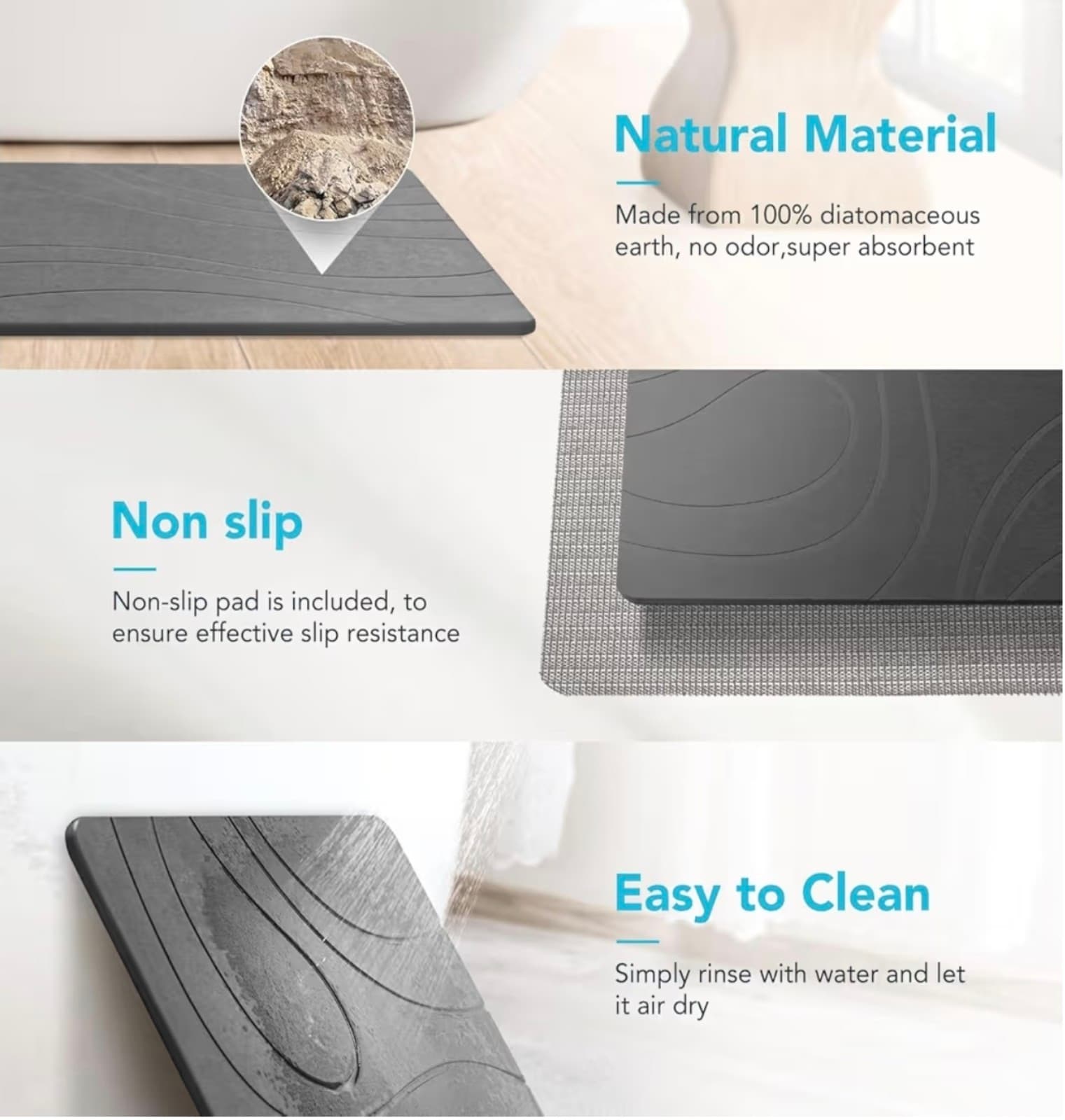 Quick Dry Stone Bath Mat for Bathroom Non Slip Diatomaceous Earth Shower Bath Ma - Thumbnail 4