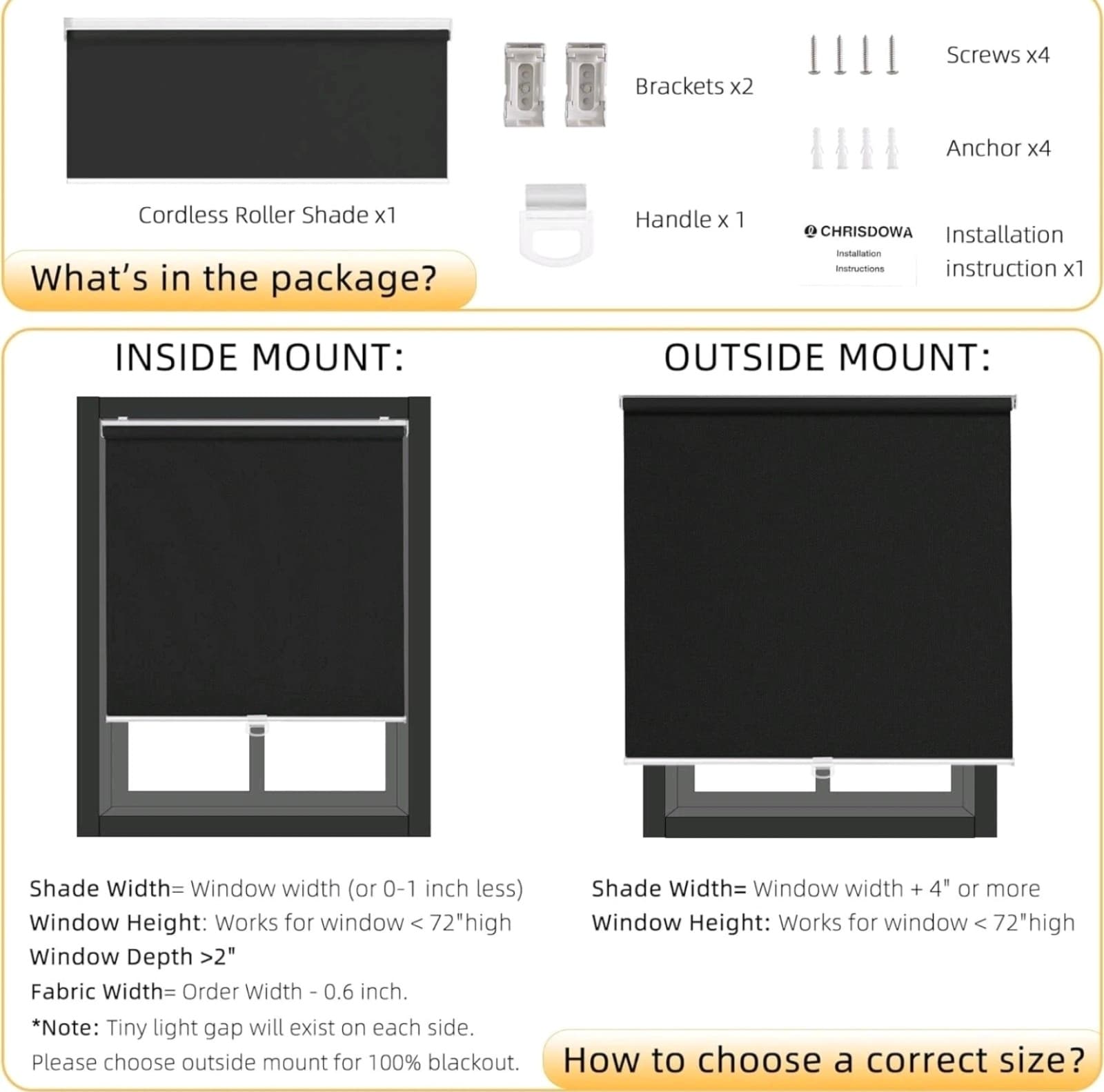 Cordless Free 100% Blackout Blind Roller Window Shade Black 52W x 72H - Thumbnail 2