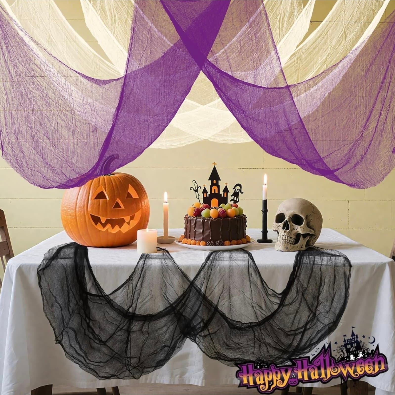 Halloween Creepy Cloth 30x72 Inch Black White Purple Spooky Fabric Cloth Indoor - Thumbnail 2