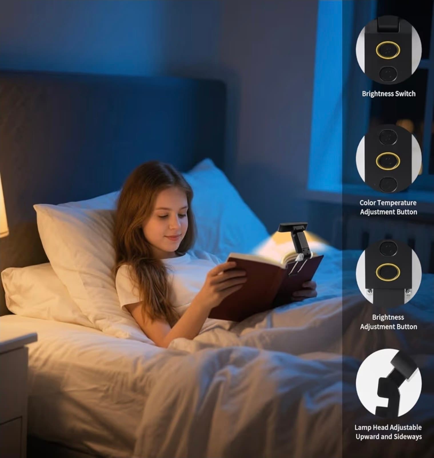 Book Light, USB Rechargeable Clip-On Reading Light, 30 Adjustable Modes, Eye-Car - Thumbnail 2