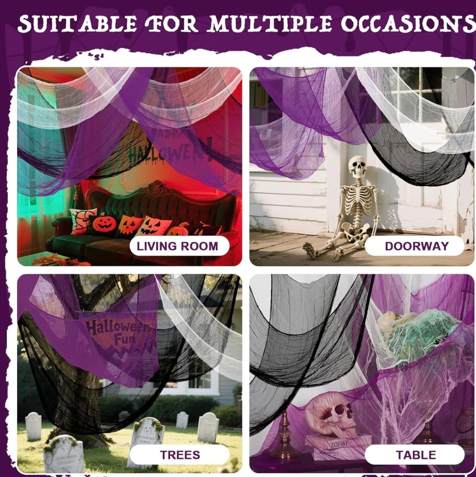 Halloween Creepy Cloth 30x72 Inch Black White Purple Spooky Fabric Cloth Indoor - Thumbnail 5