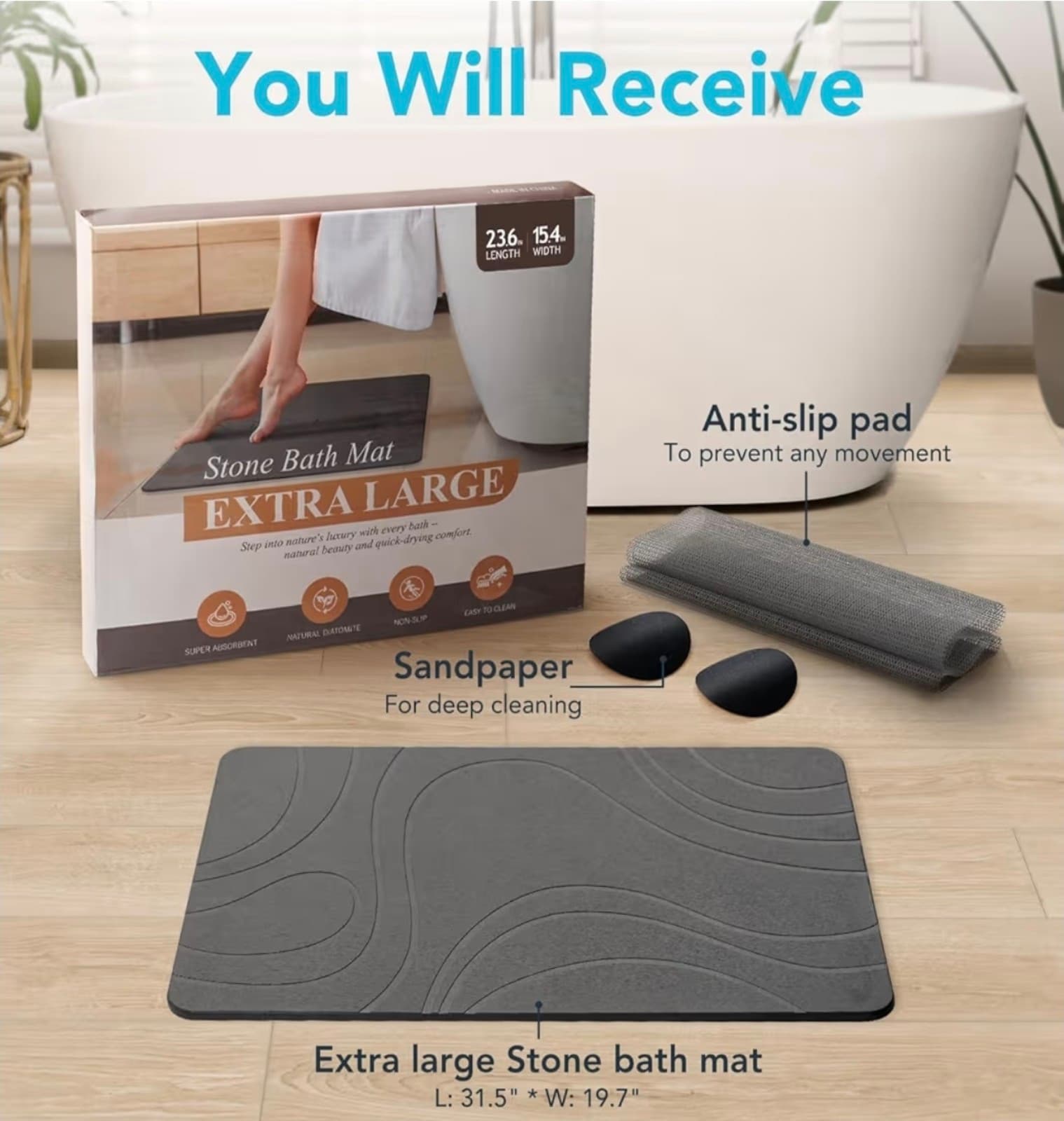 Quick Dry Stone Bath Mat for Bathroom Non Slip Diatomaceous Earth Shower Bath Ma - Thumbnail 5