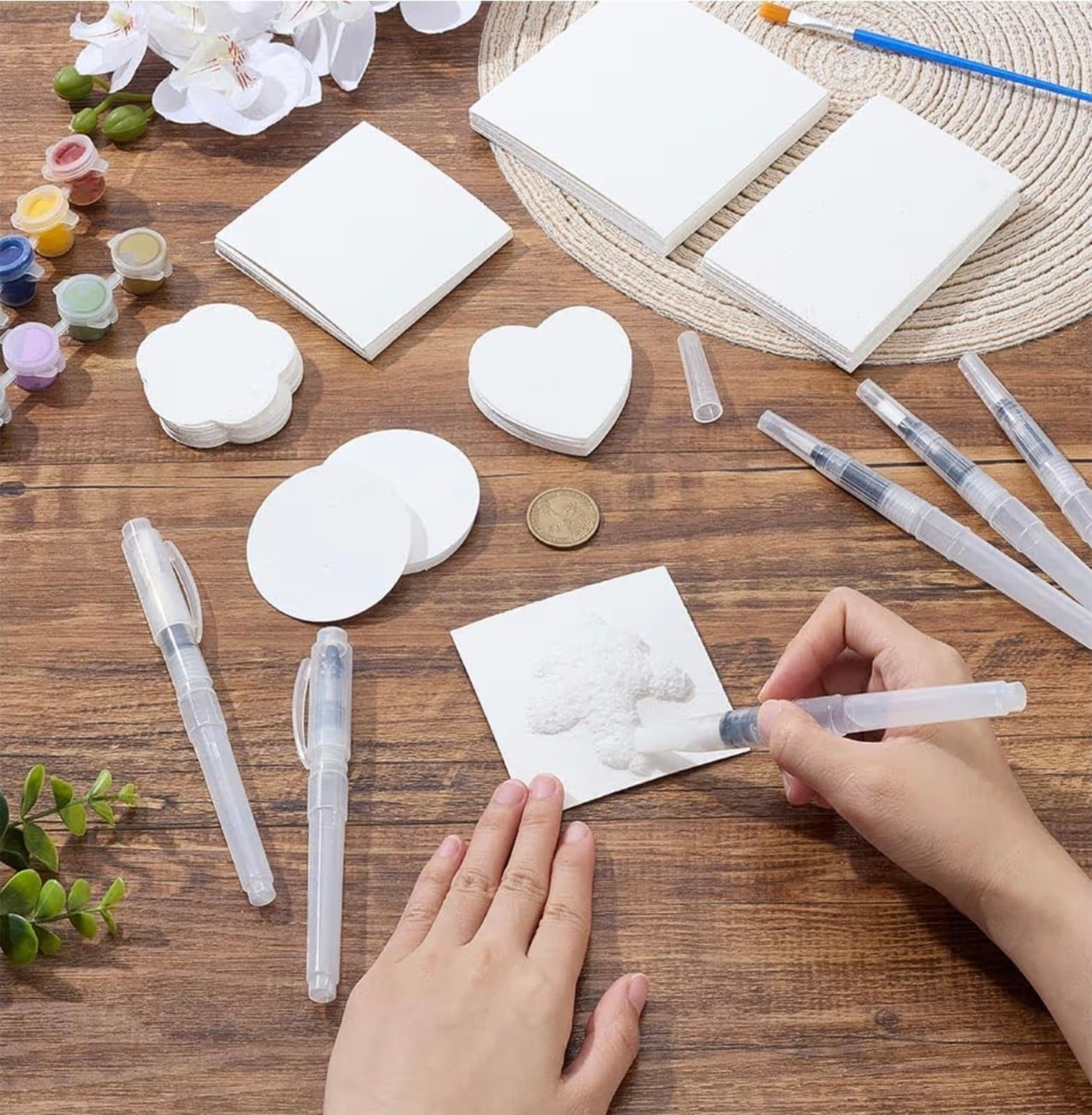 Drawing Foam Texture Papers with 6 Water Brush Pens 3D Square Round Flower Heart - Thumbnail 4