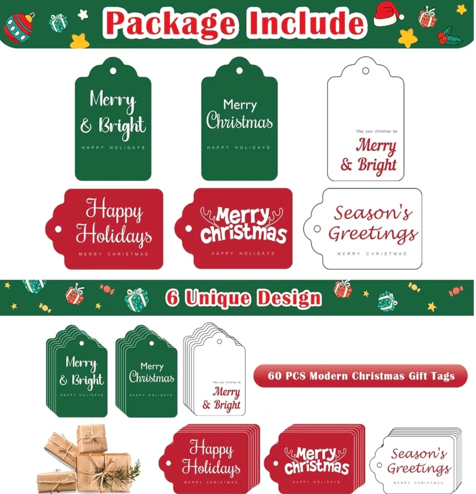 Christmas Gift Tags - 60 PCS Gift Tags for Christmas Presents with String - Thumbnail 8