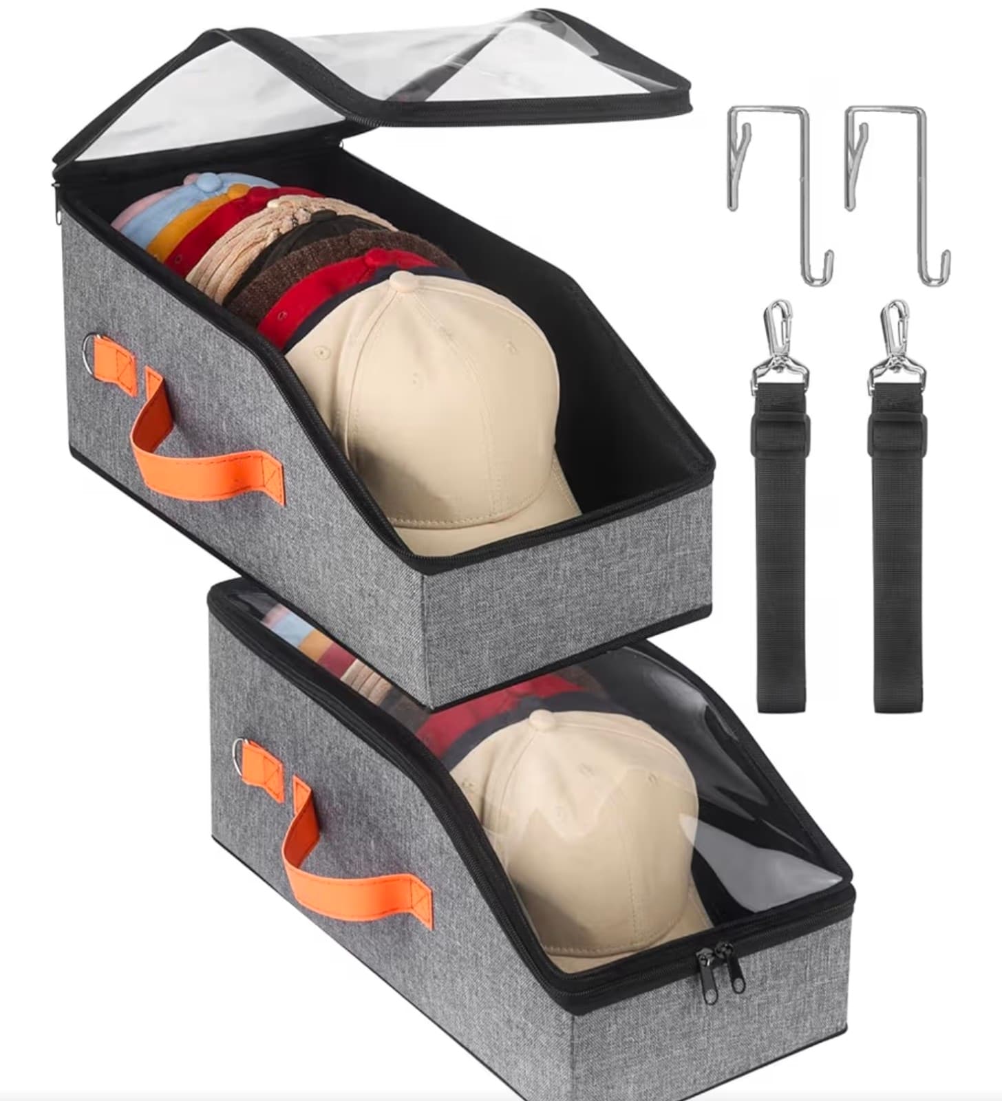 Baseball Cap Organizer - 2pcs, Hat Storage Box & Closet Organizer with Hooks - Image 1