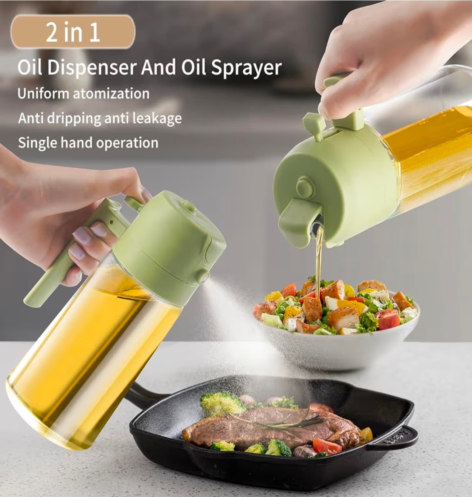 Olive Oil Dispenser and Oil Sprayer Premium Glass Oil Bottle with Non-Drip Spout - Thumbnail 3
