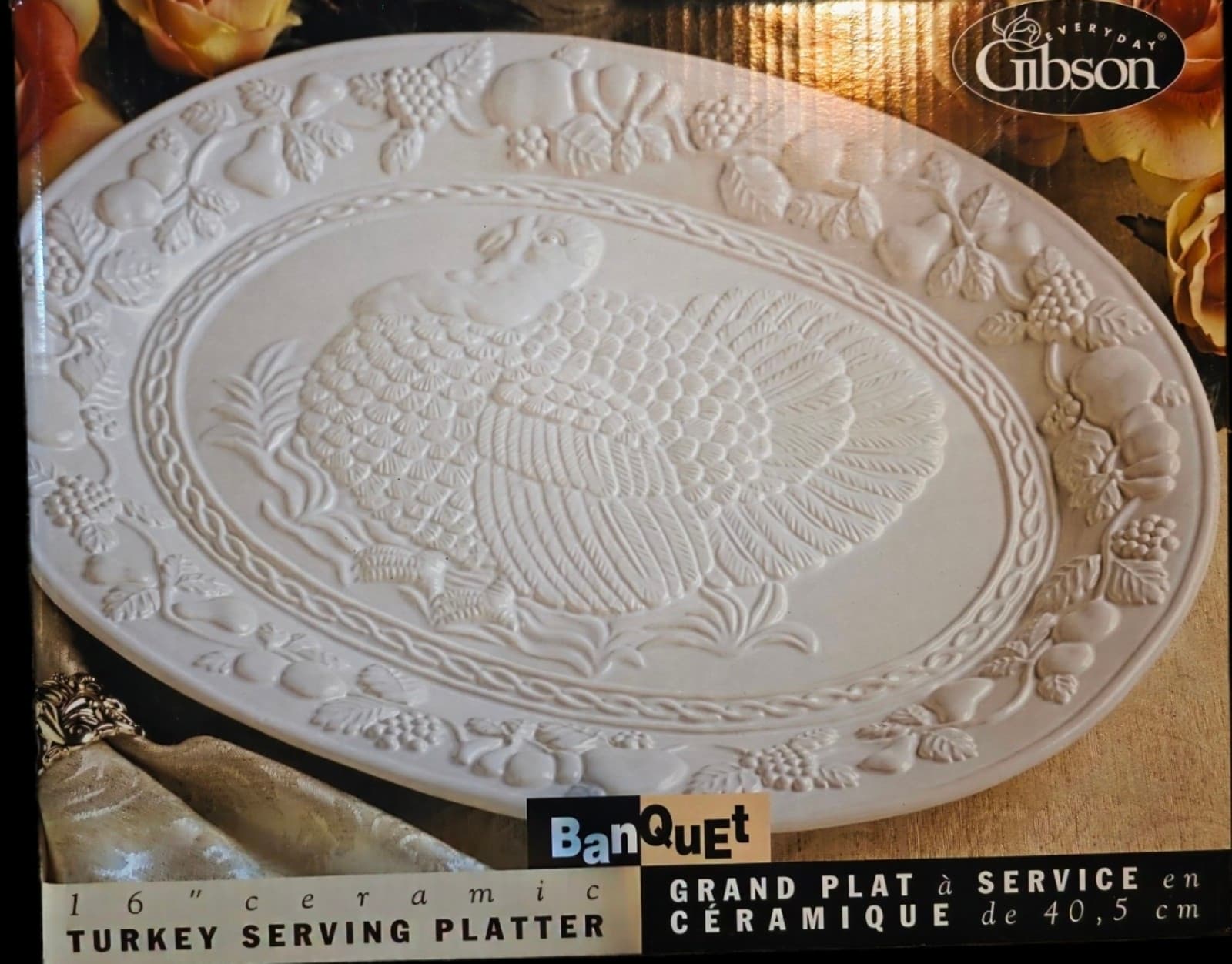 Turkey Serving Platter Gibson White 16" Oval Ceramic Turkey & Fruit Design NIB - Image 1