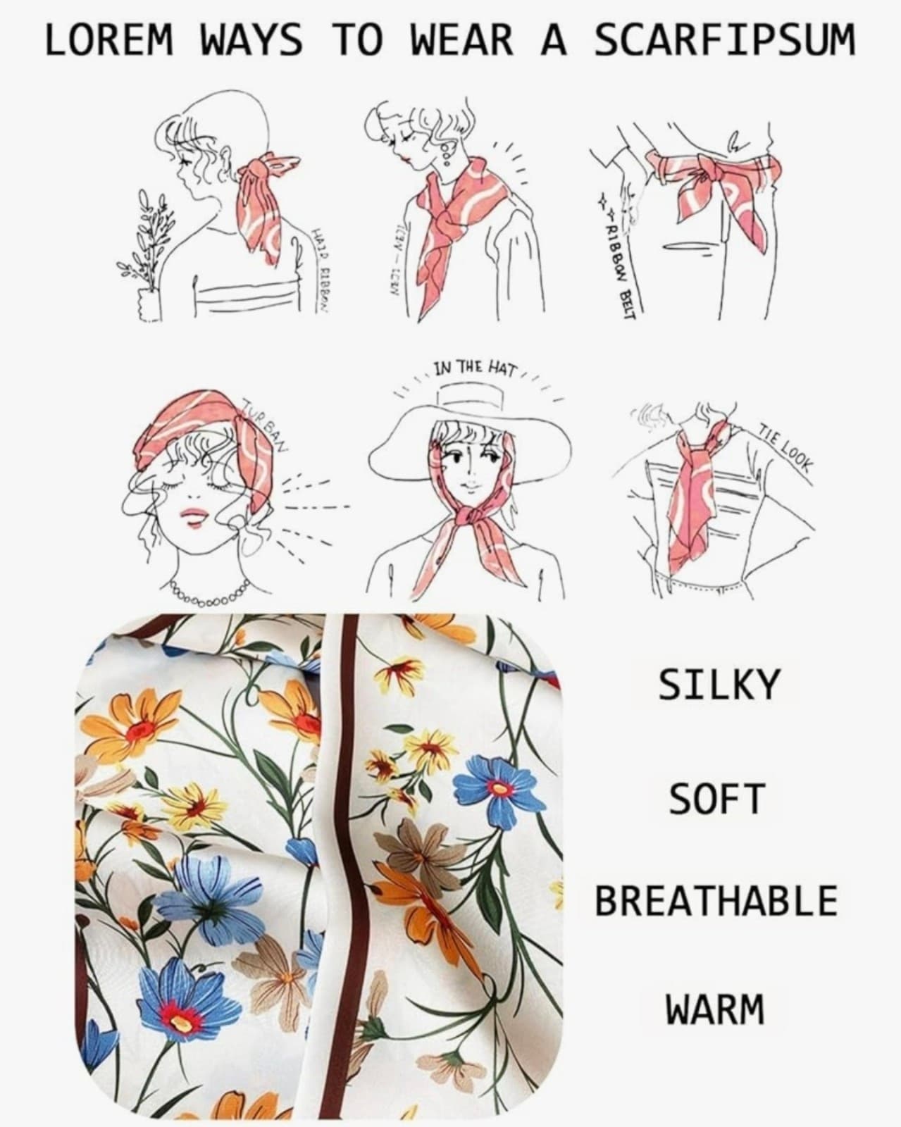 Floral Scarf Satin Hair Scarf Lightweight Silky Long Thin Women's Fashion - Thumbnail 3