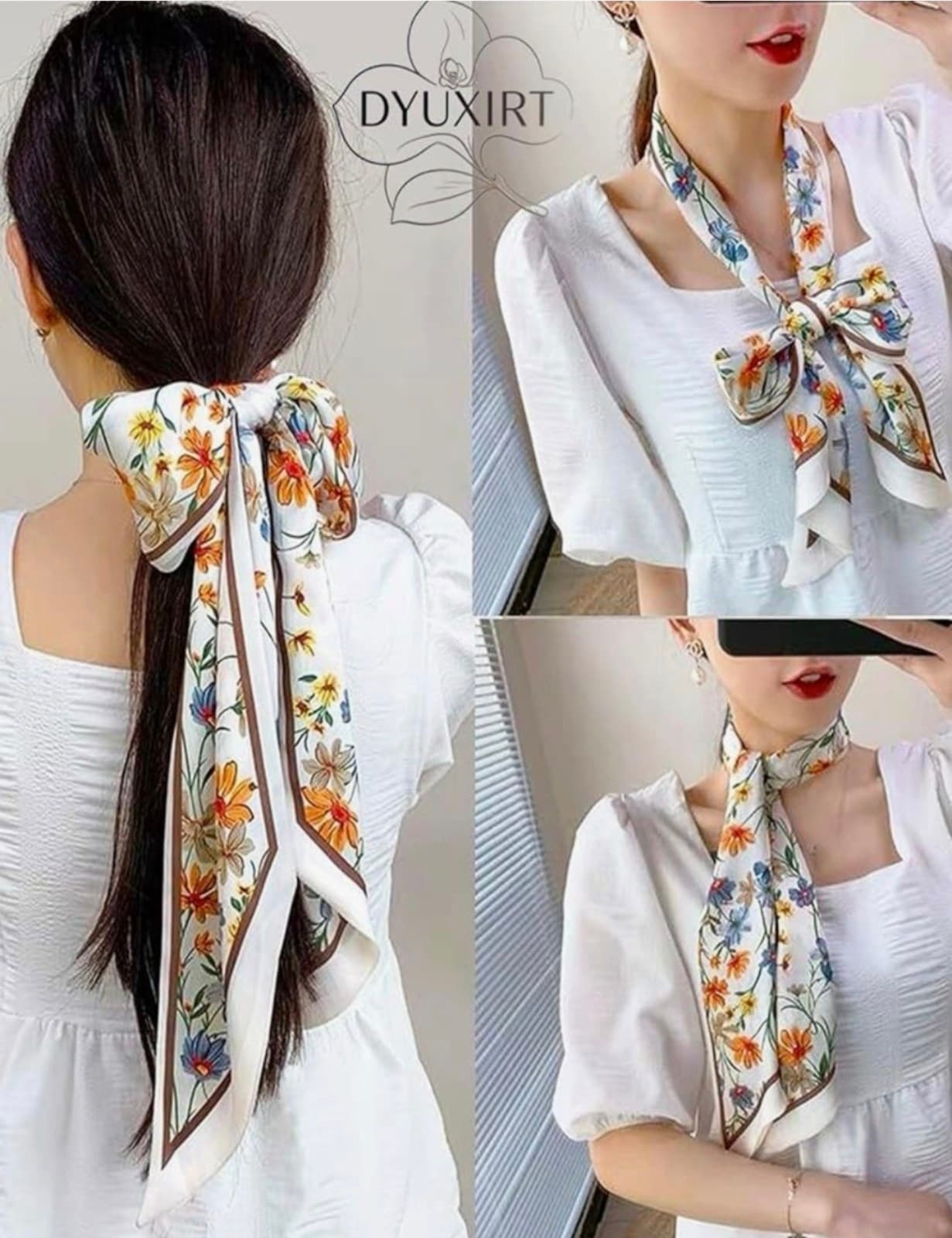 Floral Scarf Satin Hair Scarf Lightweight Silky Long Thin Women's Fashion - Thumbnail 4