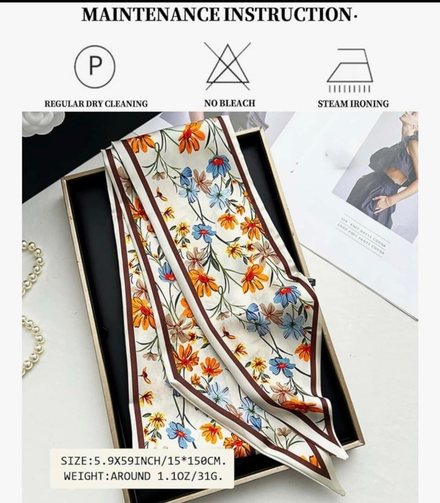 Floral Scarf Satin Hair Scarf Lightweight Silky Long Thin Women's Fashion - Thumbnail 2