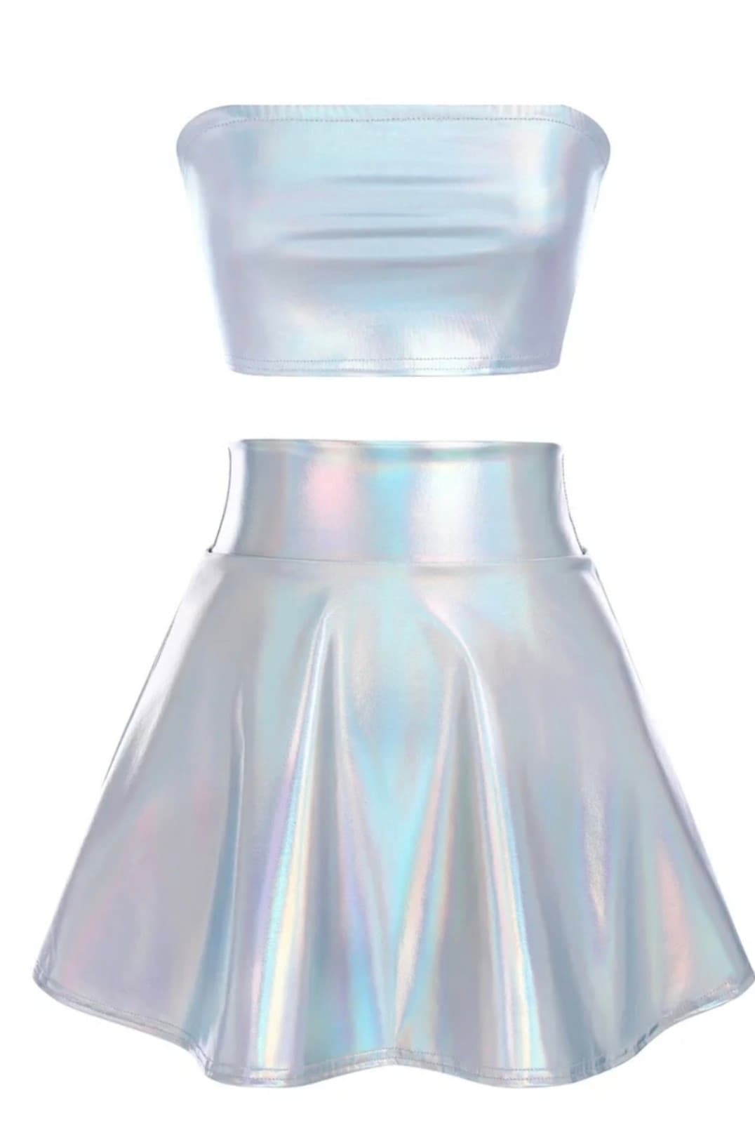 Women's Alien Costume Metallic Outfit Shiny Crop Top Flared Skirt Alien Headband - Thumbnail 3