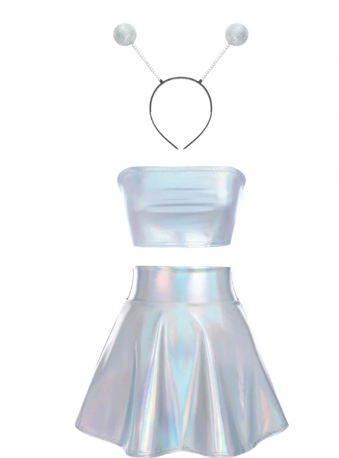 Women's Alien Costume Metallic Outfit Shiny Crop Top Flared Skirt Alien Headband - Thumbnail 4